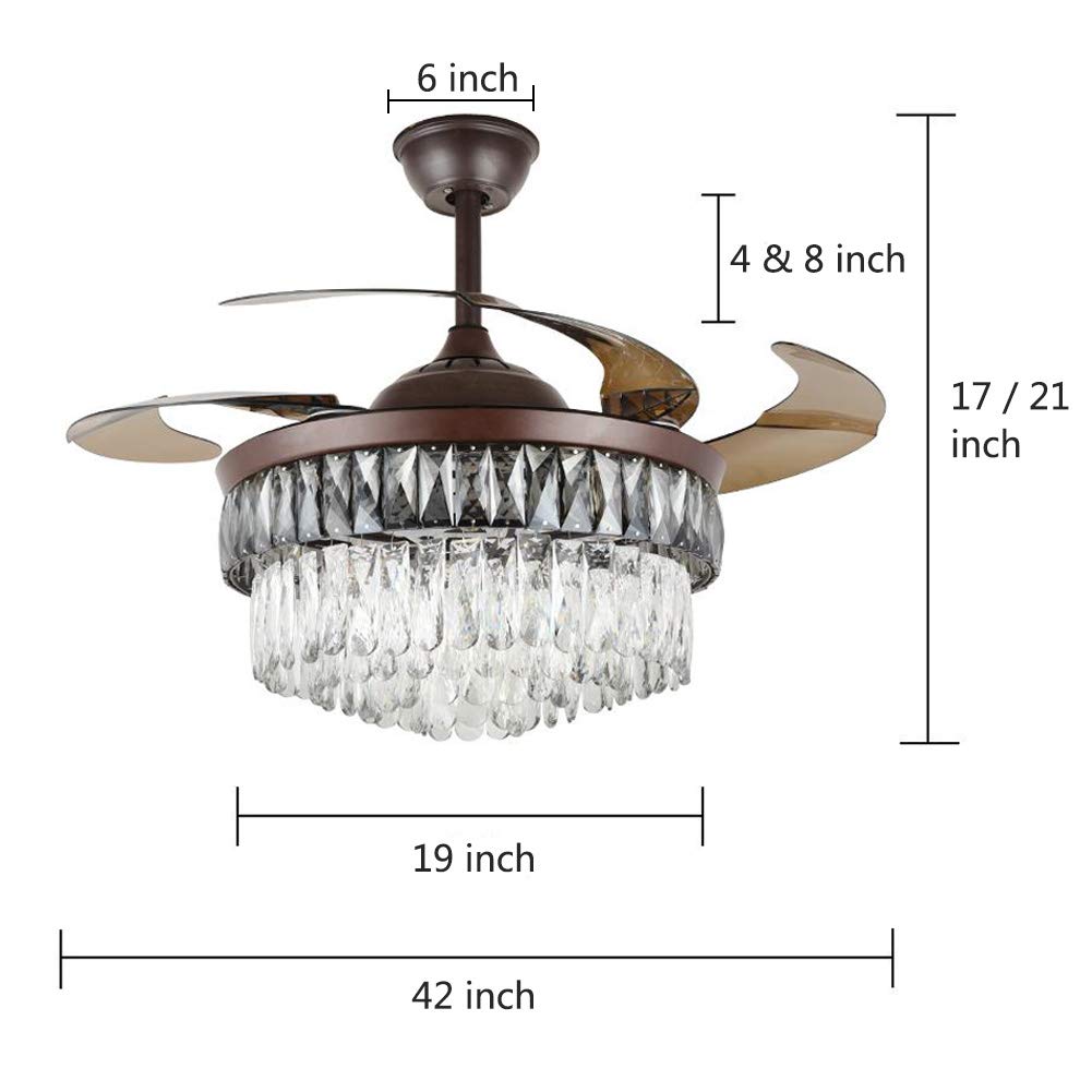 42 Inch Modern Crystal Ceiling Fan with LED Lights & Remote Control - 3 Speed, 3 Color Retractable Blades - Brown Finish Chandelier Fandelier for Dining Room, Living Room, Bedroom | Energy Efficient Cooling & Elegant Lighting Solution