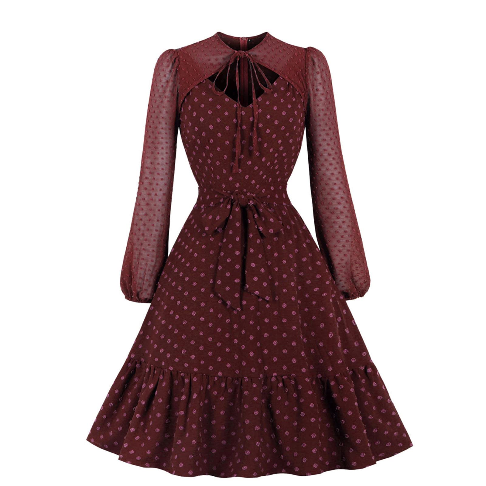 NaRHbrg Women's Keyhole Mesh Bell Sleeve Cocktail Dress - Knee Length Formal Swing Dress for Wedding Guest, Party, Evening Events & Special Occasions
