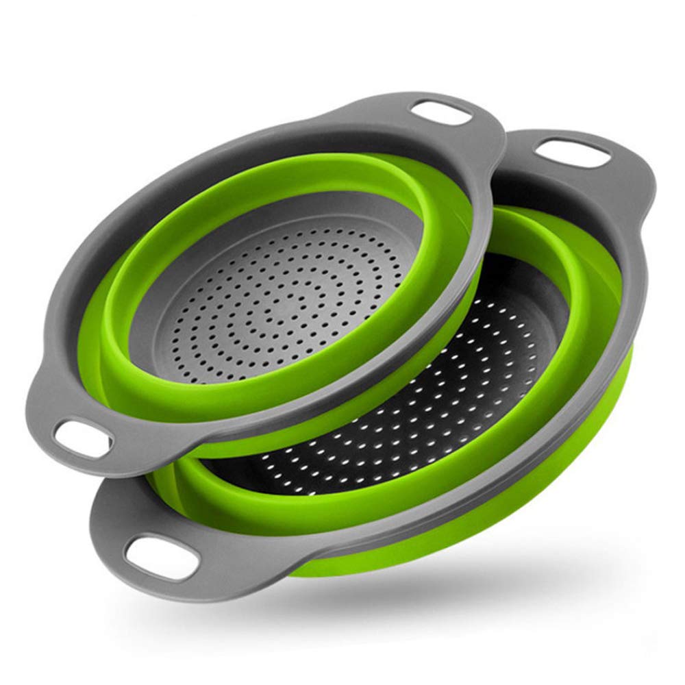 2-Pack Foldable Silicone Colander - Collapsible Strainer Basket for Washing Fruits & Vegetables - Green Kitchen Drainer with Handle - Perfect for Camping, Small Kitchens & RV Cooking