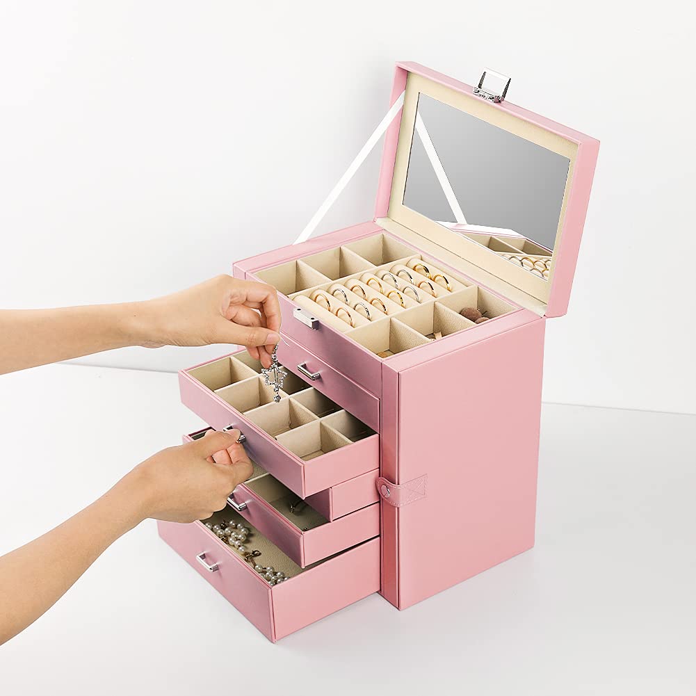 Frebeauty 6-Tier PU Leather Jewelry Organizer with Mirror & 5 Drawers - Pink for Necklaces, Bracelets & Watches Storage