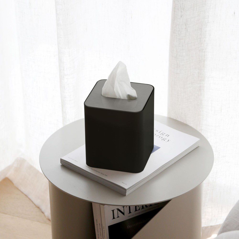 Square Tissue Box with Metal Lid - Black/Brushed Steel | Modern Home & Office Decor | Perfect for Living Room, Bathroom, or Desk Organizer