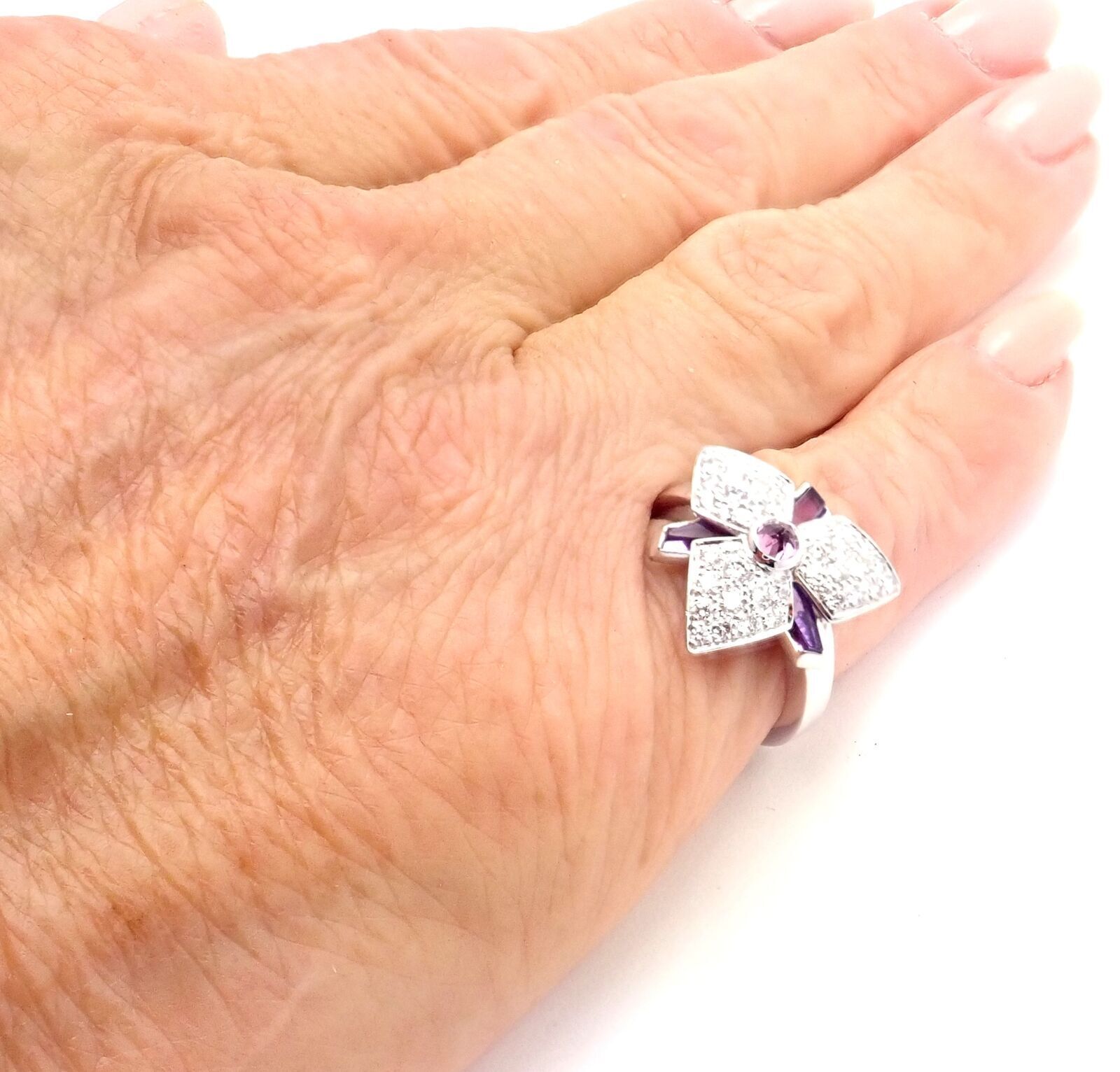 Cartier Caresse D'orchidées 18K White Gold Diamond Amethyst Orchid Flower Ring - Elegant Jewelry for Weddings, Anniversaries & Special Occasions