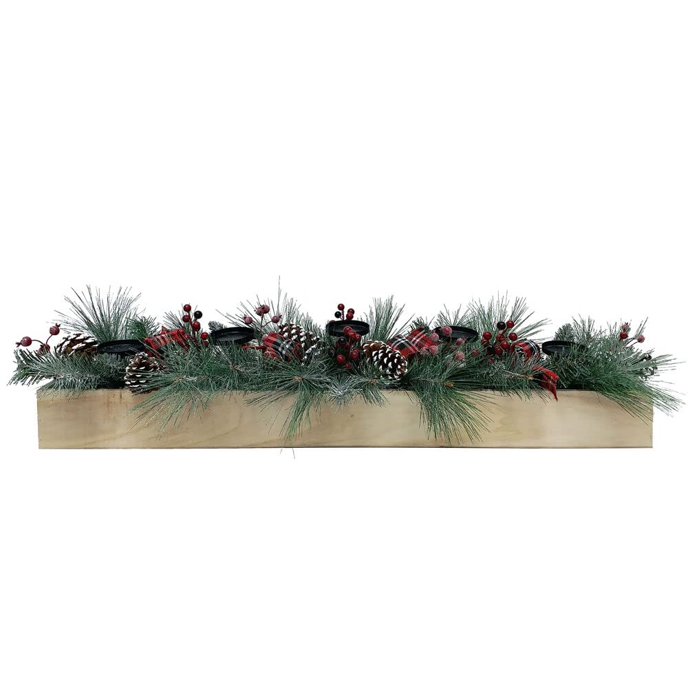 Fraser Hill Farm 42 Inch Pine Christmas Tabletop Candle Holder with Pinecones, Red Berries & Plaid Bows - Holds 5 Pillar Candles - Holiday Home Decor for Dining Table, Mantel, or Entryway - FF042CHTT010-0RD