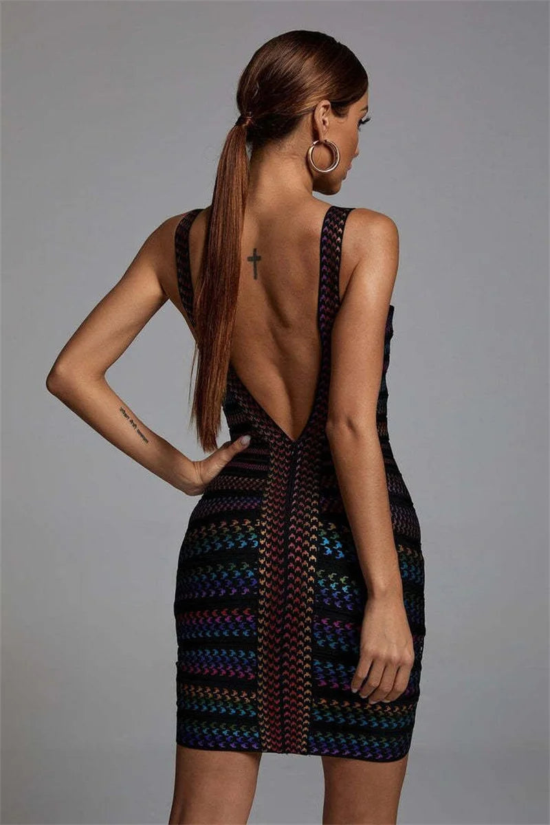 Celebrity-Inspired Colorful Striped Foil Print Rayon Bandage Bodycon Dress for Evening Parties & Night Out | Sexy Clubwear & Cocktail Dress for Women