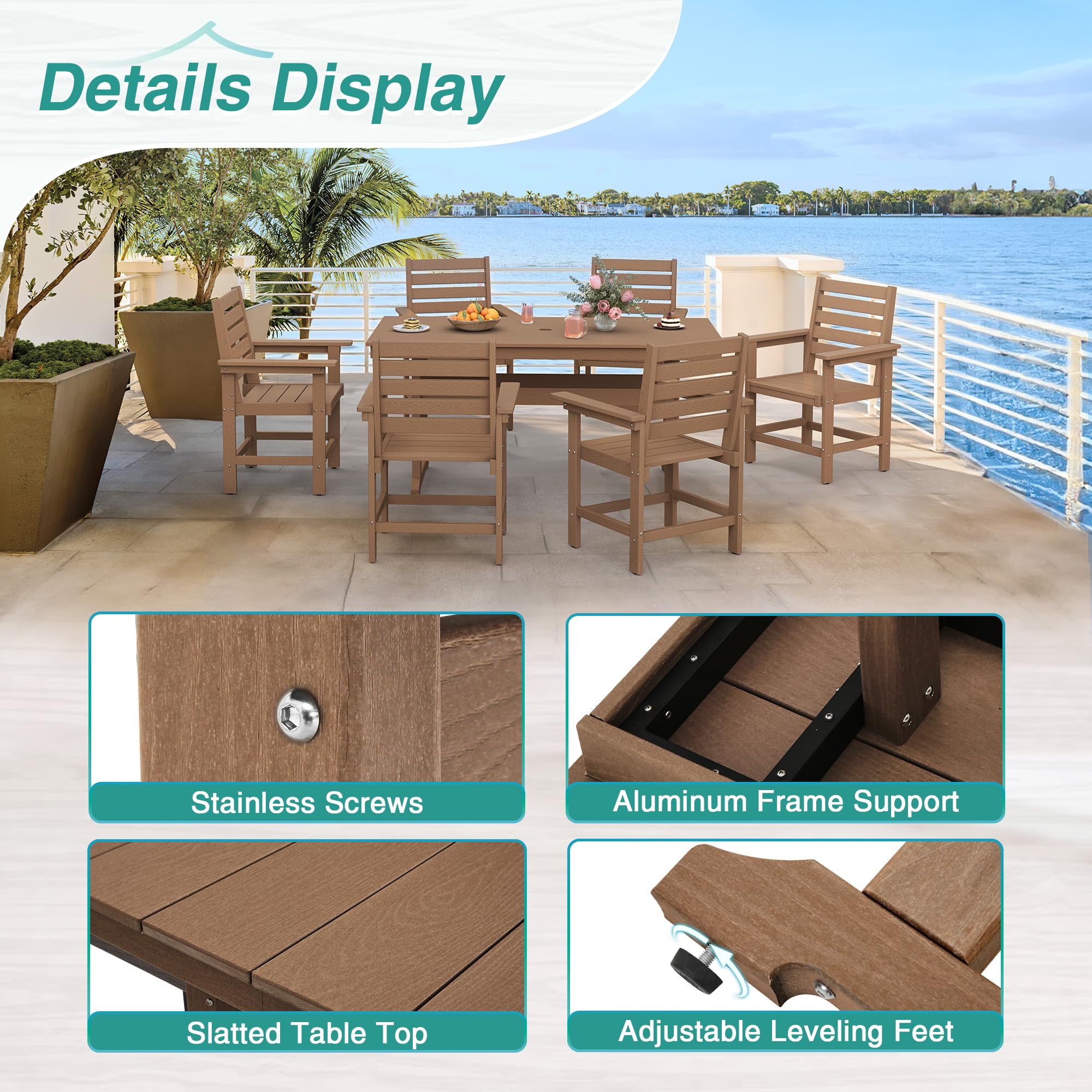 7-Piece HDPE Weather-Resistant Outdoor Dining Set with Umbrella Hole - Rectangle Patio Table & 6 Chairs - Light Brown Balcony Furniture for Backyard, Garden & Poolside Gatherings