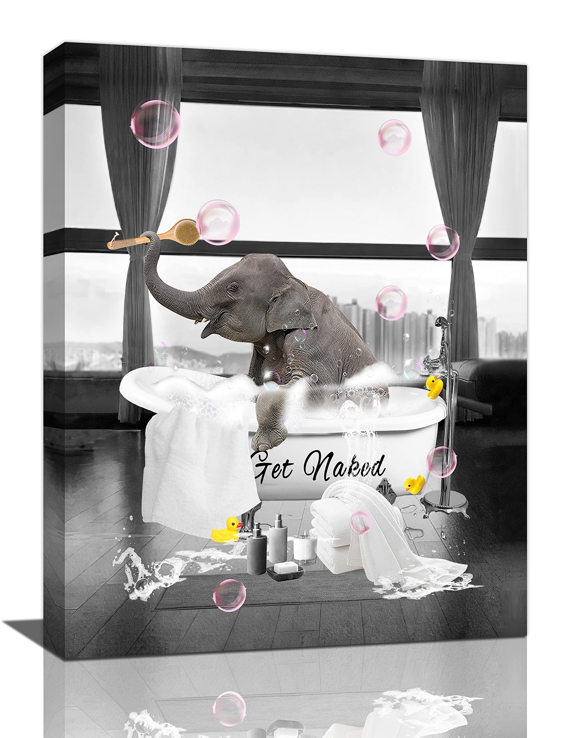 Funny Elephant in Bathtub Canvas Print - Black & White Bathroom Wall Art Decor - Modern Animal Painting for Bathroom, Living Room, or Nursery - 16x20 Inches - Perfect Gift for Elephant Lovers & Home Decor Enthusiasts