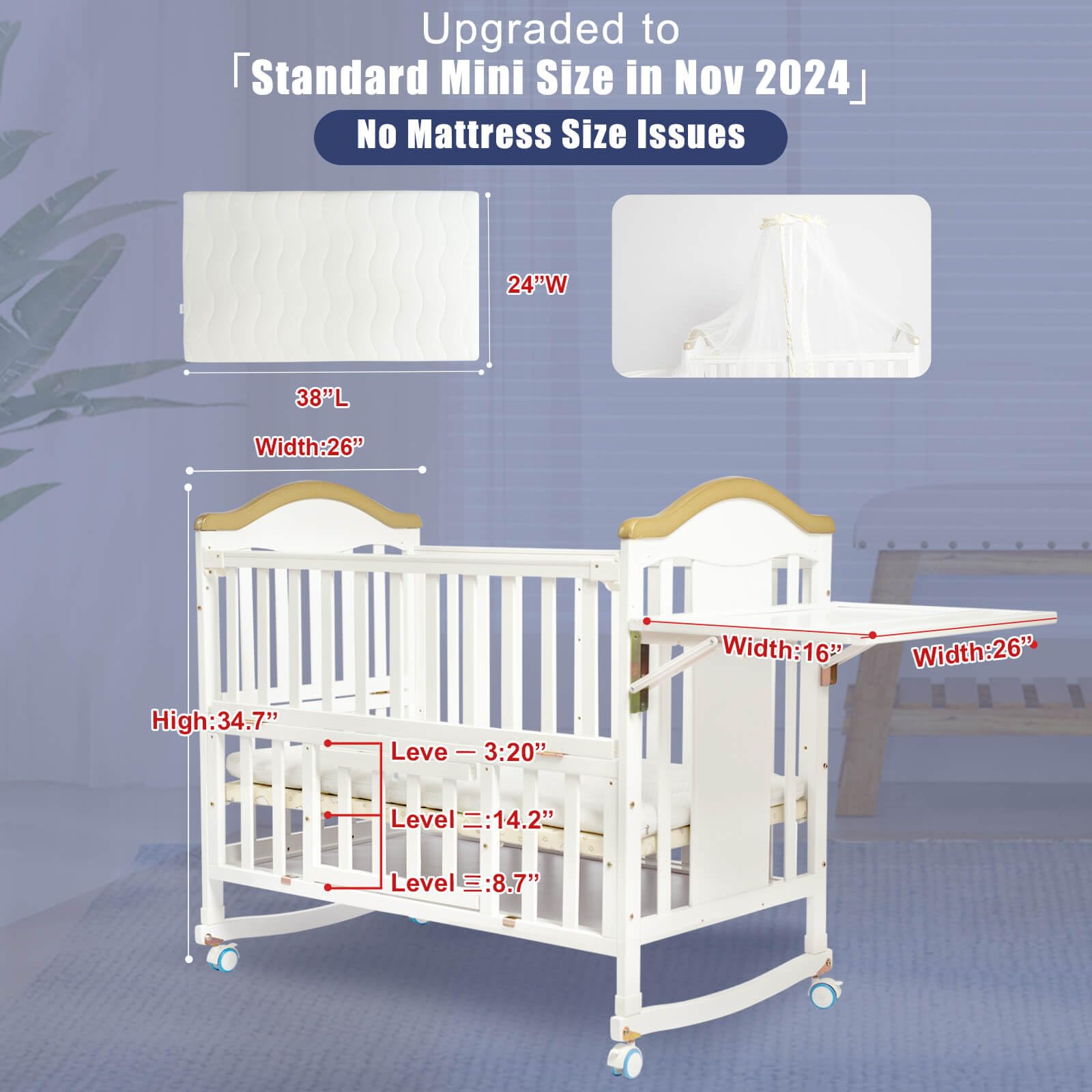 Portable Mini Baby Crib - 4-in-1 Convertible Modern Baby Bed with Foldable Storage Shelf & Mattress Included, Small Wooden Bassinet for Nursery, Bedroom & Travel, White - Perfect for Newborns, Toddlers & Space-Saving Homes