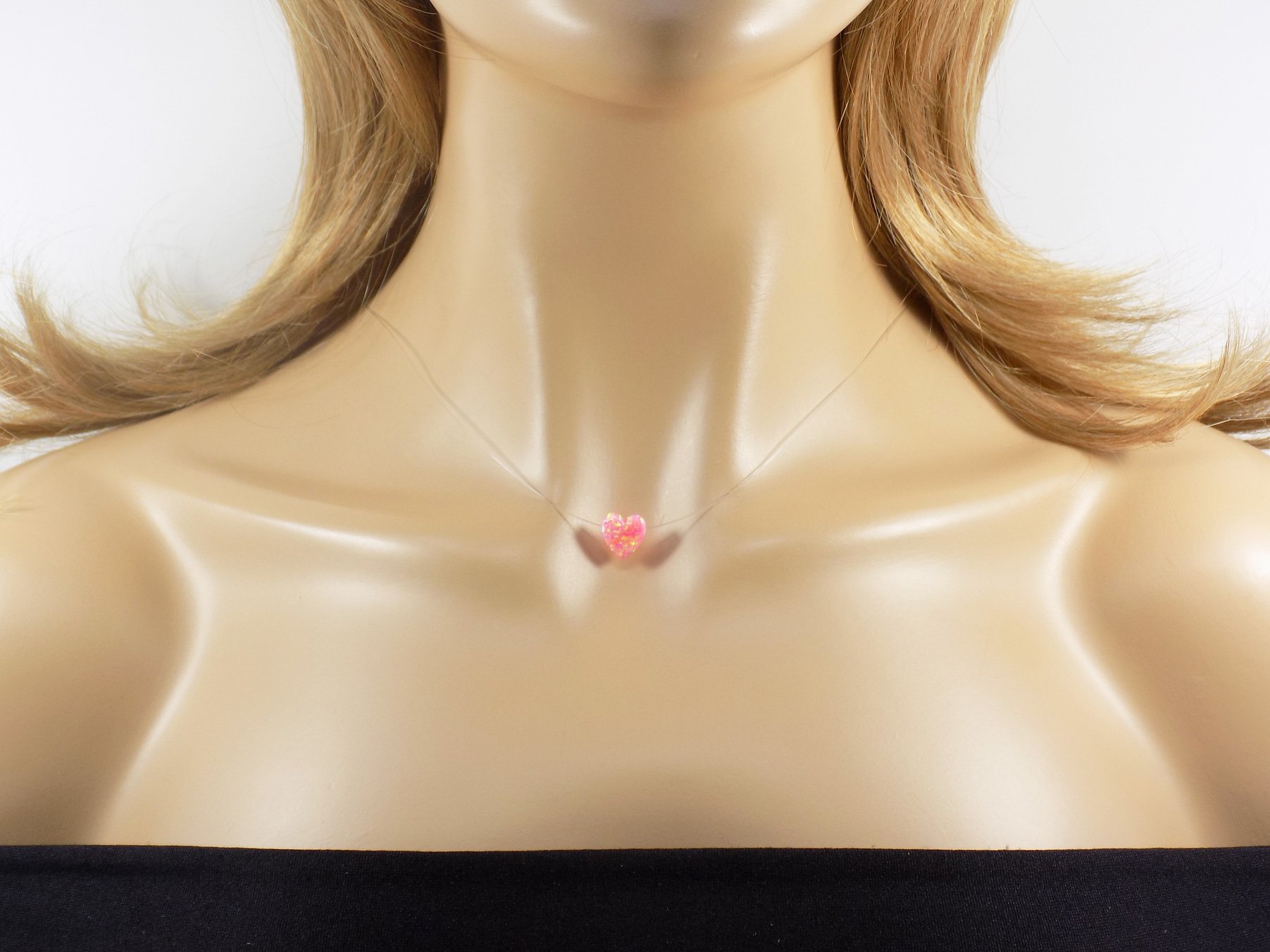 Opal Heart Necklace with Floating Illusion Pendant, Clear Fishing Line Charm, Perfect for Romantic Gifts & Special Occasions