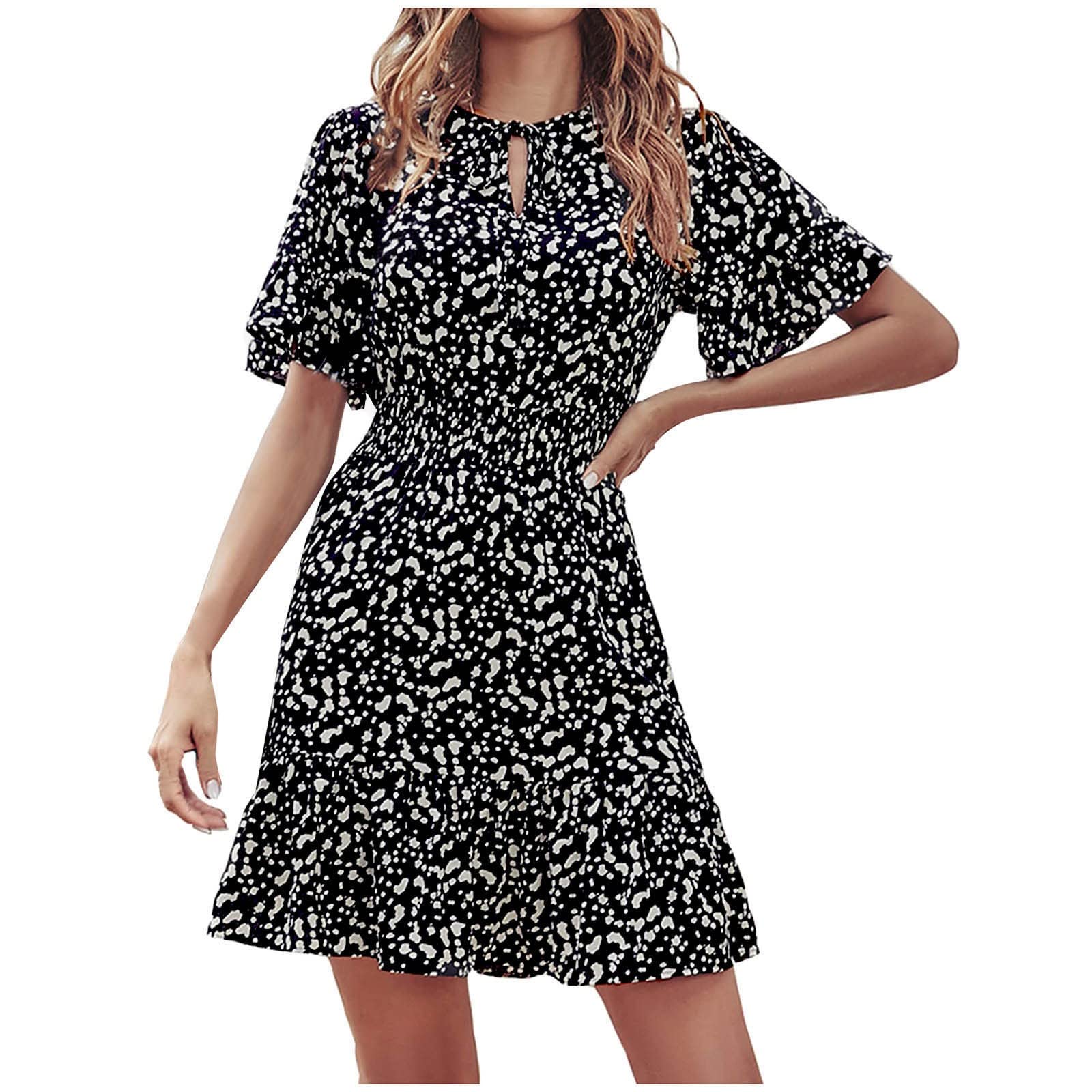 Women's Summer Wrap Dress - V Neck Polka Dot Print Floral Mini Dress with Ruffle Short Sleeve | Beach Vacation, Date Night, Casual Outfit