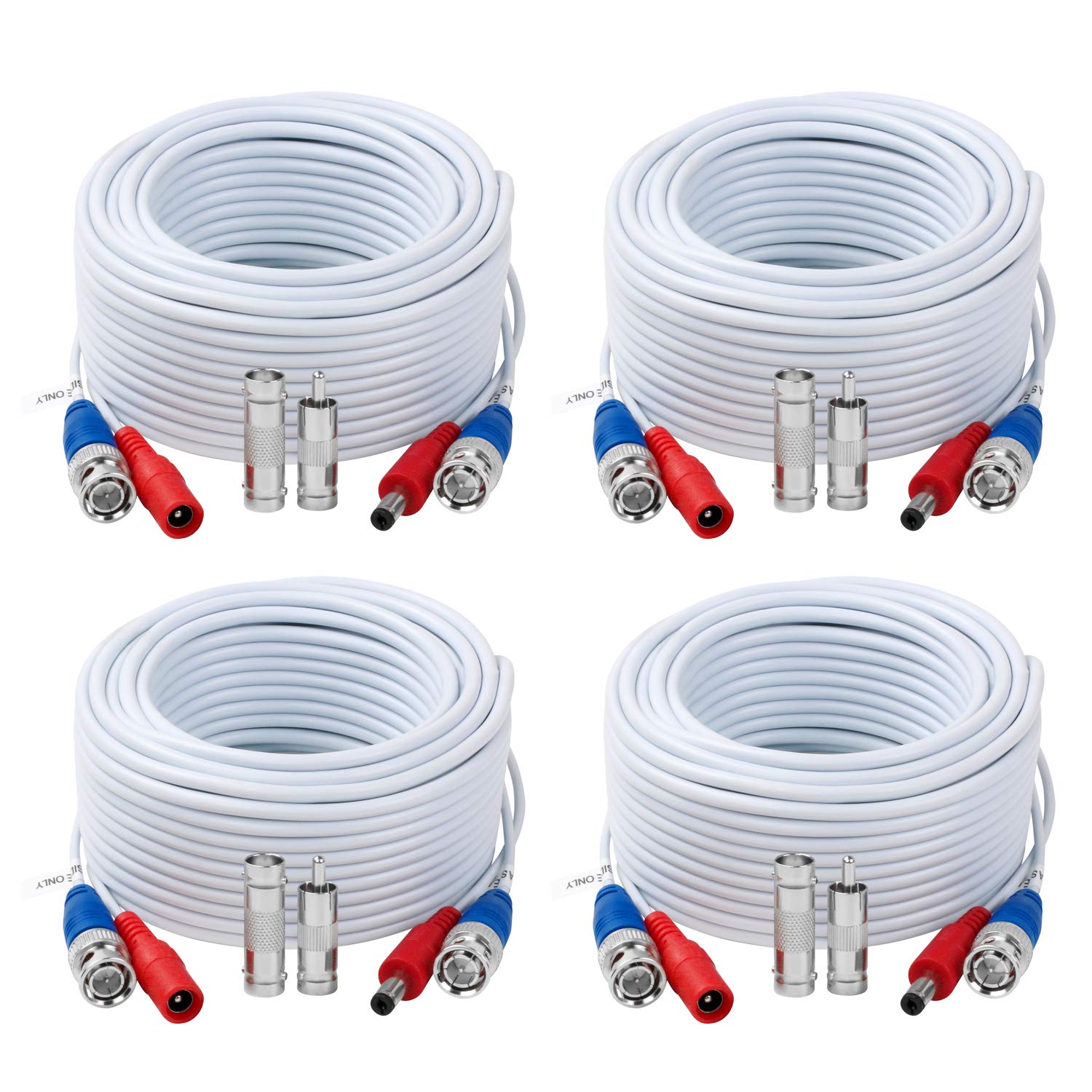 4 Pack 30ft BNC Video Power Cable with Connectors - High-Quality Extension Wire for CCTV Security Cameras & DVR Surveillance Systems - Perfect for Home Security, Office Monitoring, and Outdoor Surveillance