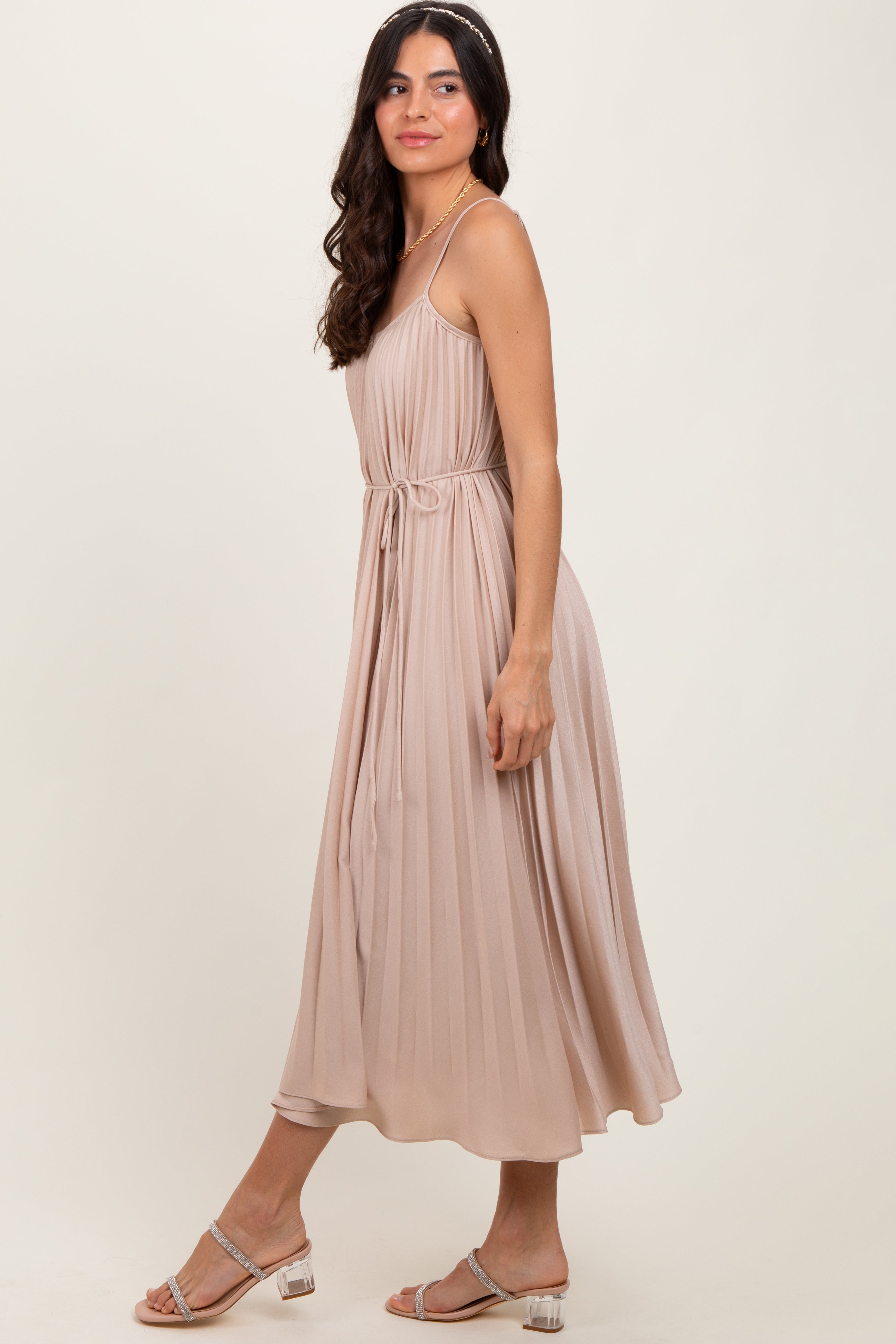 Elegant Beige Pleated Sash Tie Midi Dress for Women | Flowy Summer Casual & Wedding Guest Outfit | Perfect for Brunch, Parties & Special Occasions