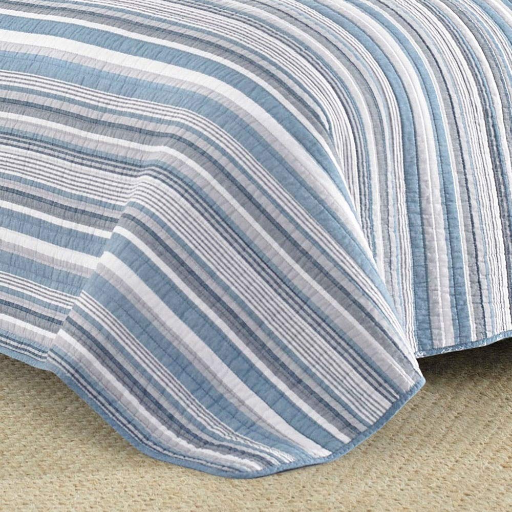 2 Piece Modern Striped Cotton Quilt Twin Size Set - Nautical Reversible Bedding in Blue & Grey - Ultra Soft Comfy Quilt for Coastal, Cabin & Lodge Decor - Perfect for Guest Rooms, Beach Houses & Cozy Bedrooms