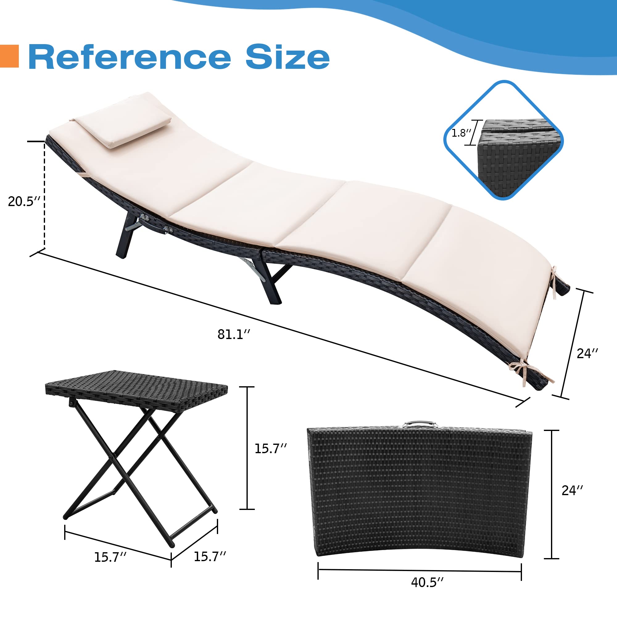 Homall 3-Piece Outdoor Chaise Lounge Set - PE Rattan Reclining Chairs with Folding Table & Cushions for Patio, Beach, Poolside (Beige) | Perfect for Sunbathing, Relaxing & Backyard Lounging