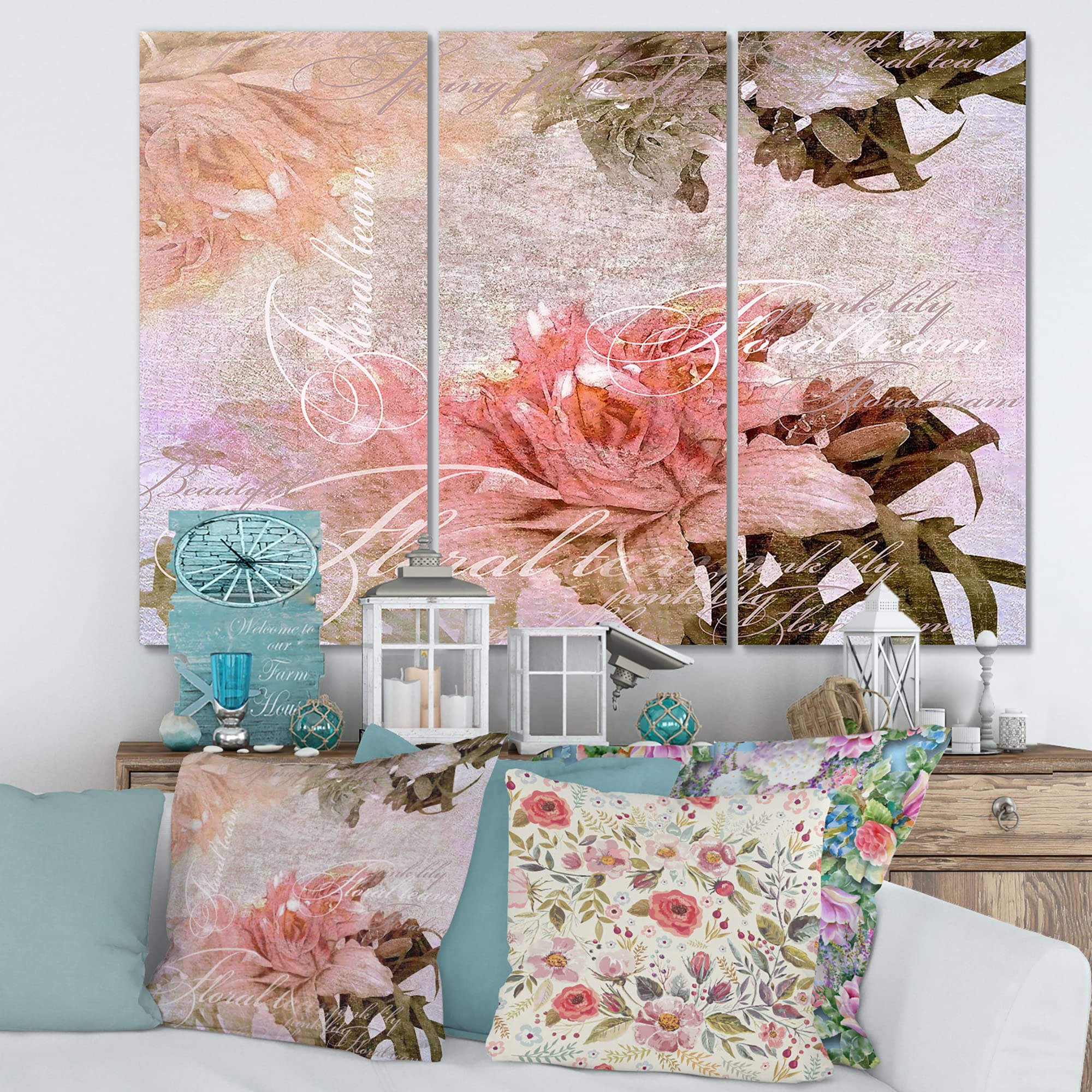Vintage Floral Canvas Wall Art - Hand Painted Pastel Flowers Traditional Home Decor for Living Room, Bedroom & Office