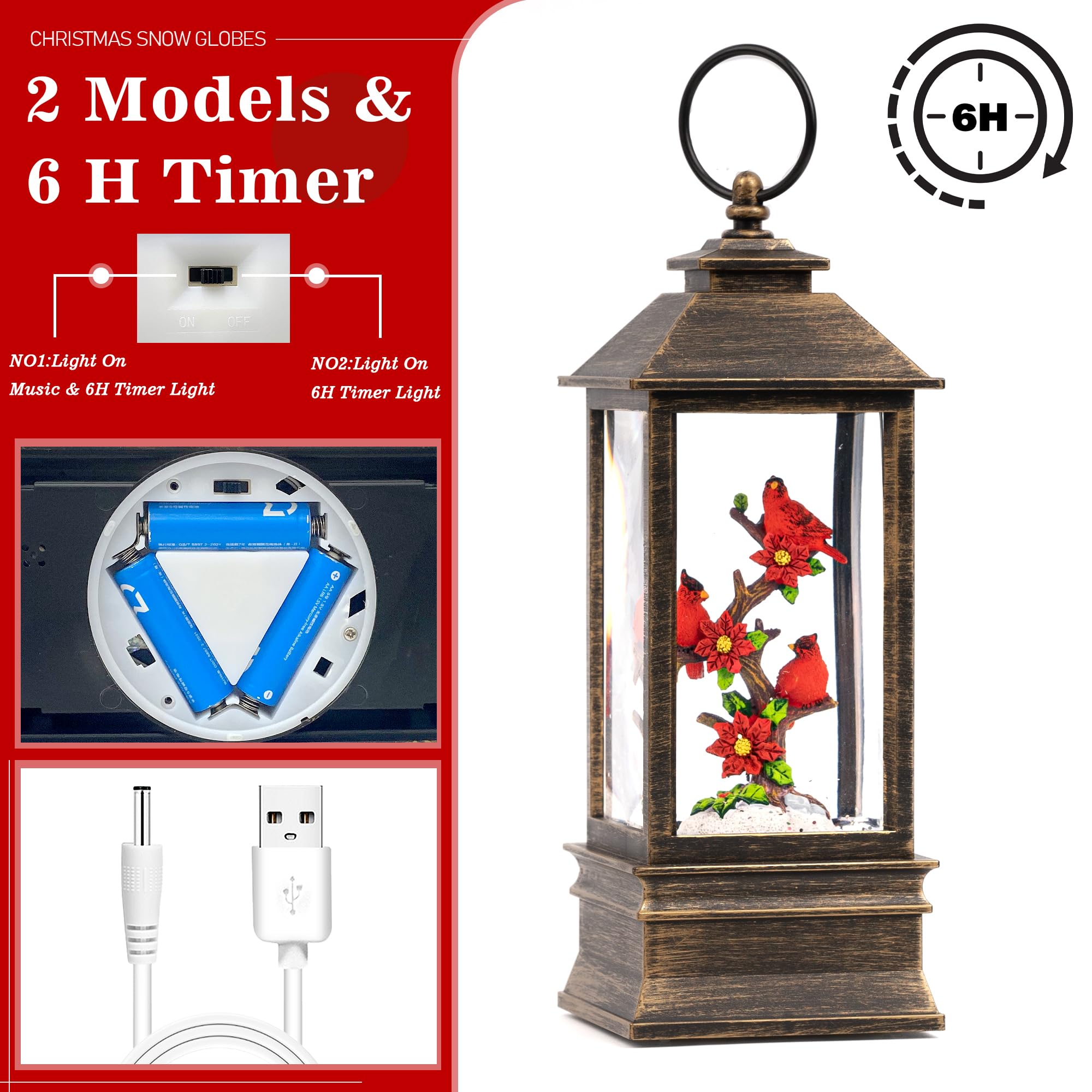 Christmas Snow Globe Lantern with Cardinal - Musical 6H Timer USB/Battery Operated Lighted Decor for Home, Holiday & Festival - Perfect for Christmas Tree Decorations, Gift Giving & Winter Home Accents