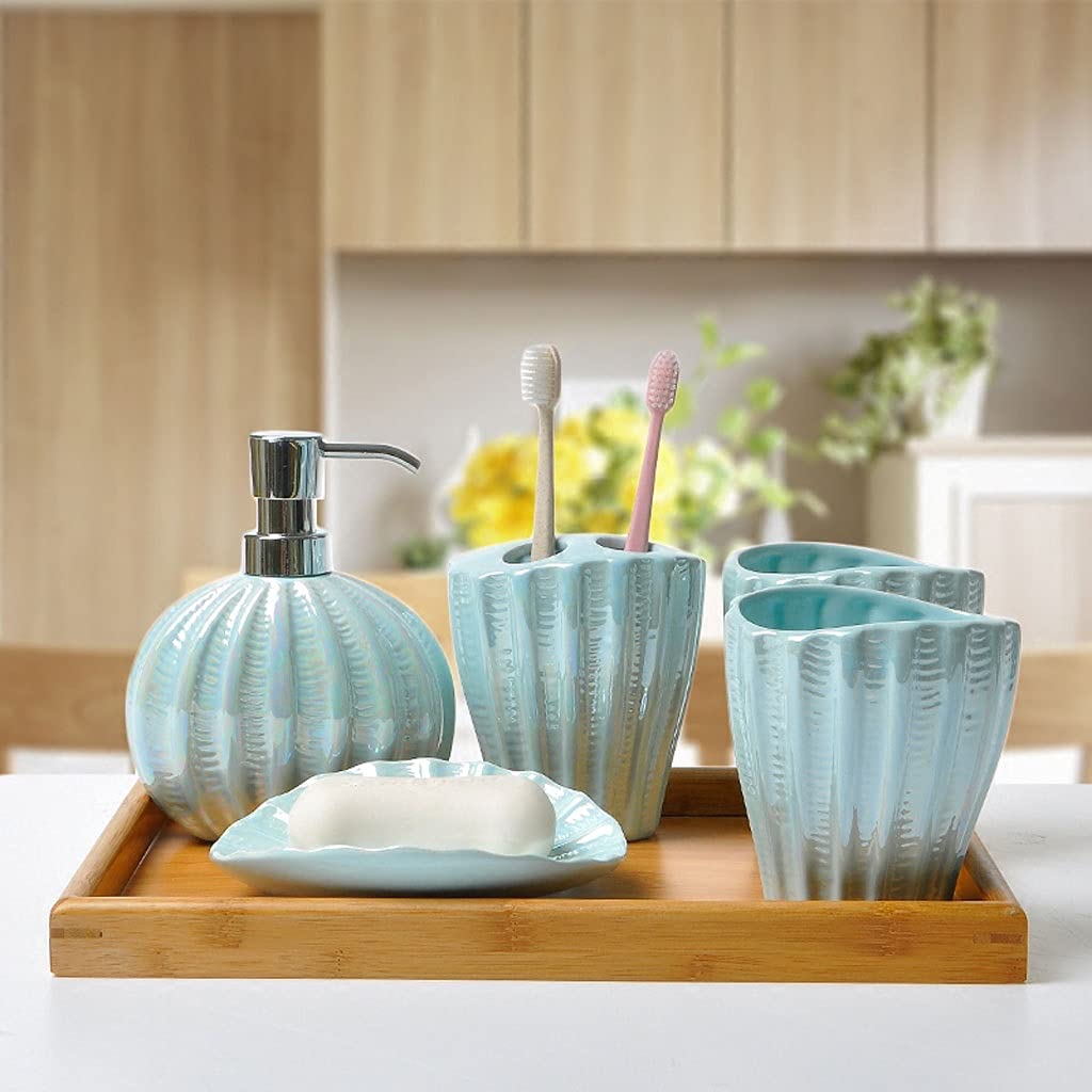 6-Piece Ceramic Bathroom Accessories Set - Soap Dispenser, Toothbrush Holder, Soap Dish, Mouthwash Cups & Tray - Countertop Organizer for Bathroom Vanity (Blue) | Perfect for Modern Homes, Guest Bathrooms & Spa-Style Decor
