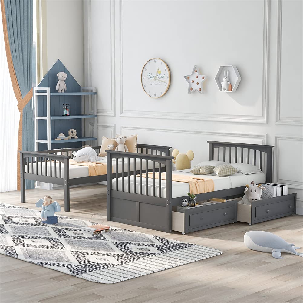 Convertible Wood Bunk Bed with Storage Drawers, Ladder & Safety Guardrail - Twin Over Twin Space-Saving Kids Bed (Gray) | Perfect for Small Bedrooms, Guest Rooms & Vacation Homes