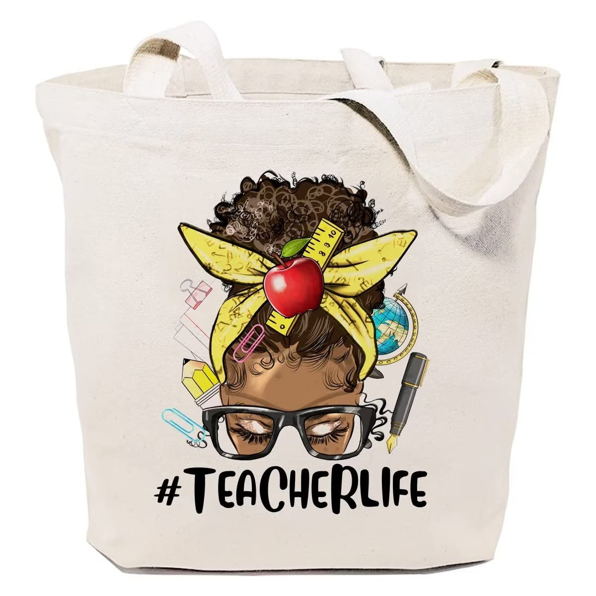 SAUIVD Cotton Canvas Tote Bag for Women - Black Teacher Appreciation Gift, Afro Messy Bun Design, Reusable Shopping Bag with Funny Melanin Print | Perfect for School, Work, Groceries & Teacher Appreciation Day