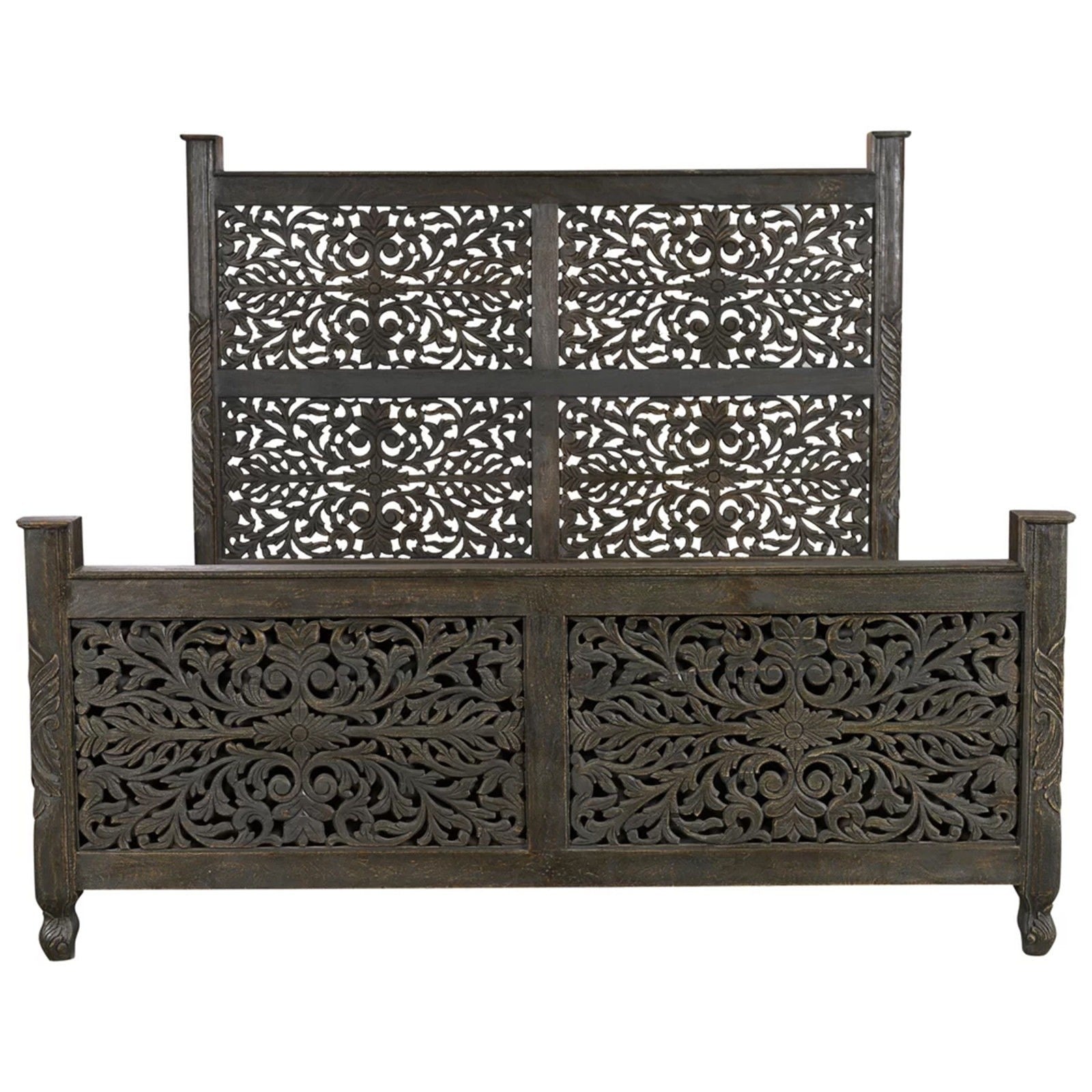 Hand Carved Solid Wood Indian Bed Frame in Chocolate Finish - Queen Size, Traditional Design for Bedroom Decor, Master Suite or Guest Room