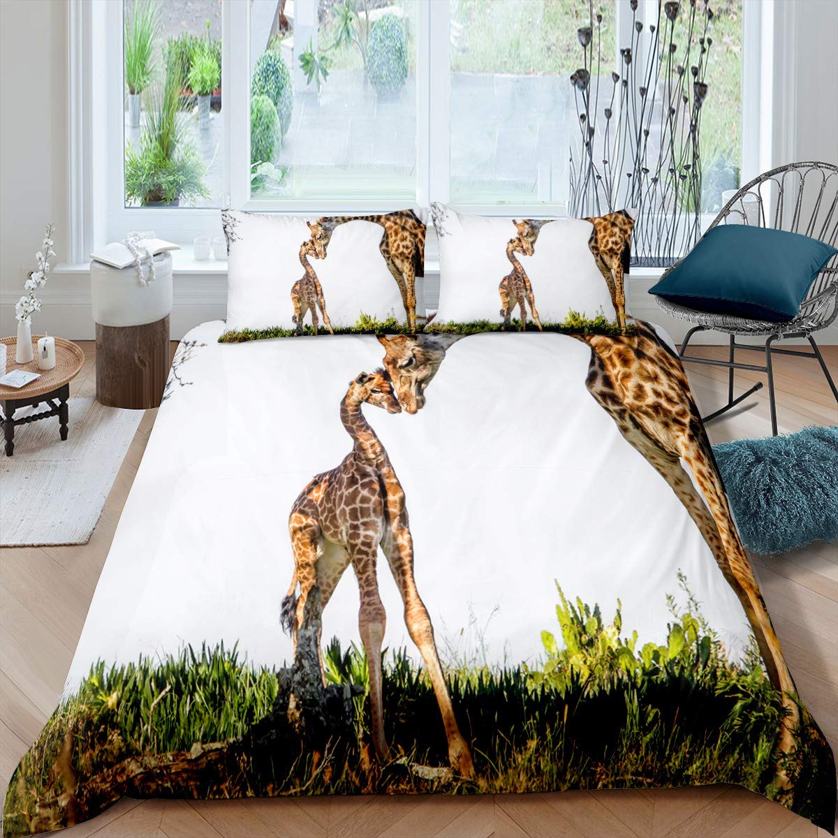 King Size Giraffe Print Duvet Cover Set - Grass Green Couples Bedding with Zipper (1 Duvet Cover + 2 Pillowcases) for Romantic Bedroom Decor & Paris-Themed Home Styling