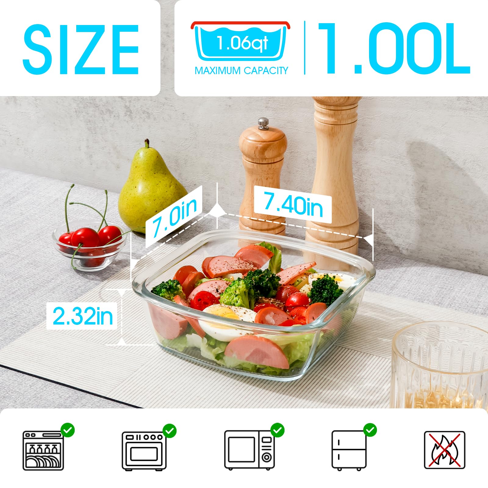 NUTRIUPS 1 QT Square Glass Baking Dish with Lid - 7x7-Inch Oven-Safe Bakeware for Casseroles, Lasagna & Desserts | Perfect for Baking, Meal Prep & Food Storage