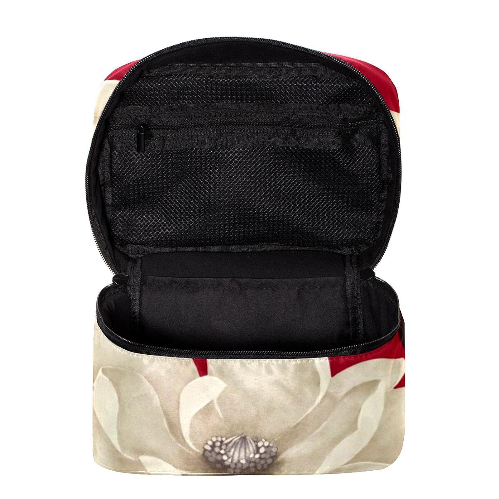 Large White Floral Red Pattern Travel Makeup Bag - Waterproof Cosmetic Organizer Case with Zipper for Women & Girls - Perfect for Vacation, Gym, and Daily Essentials Storage