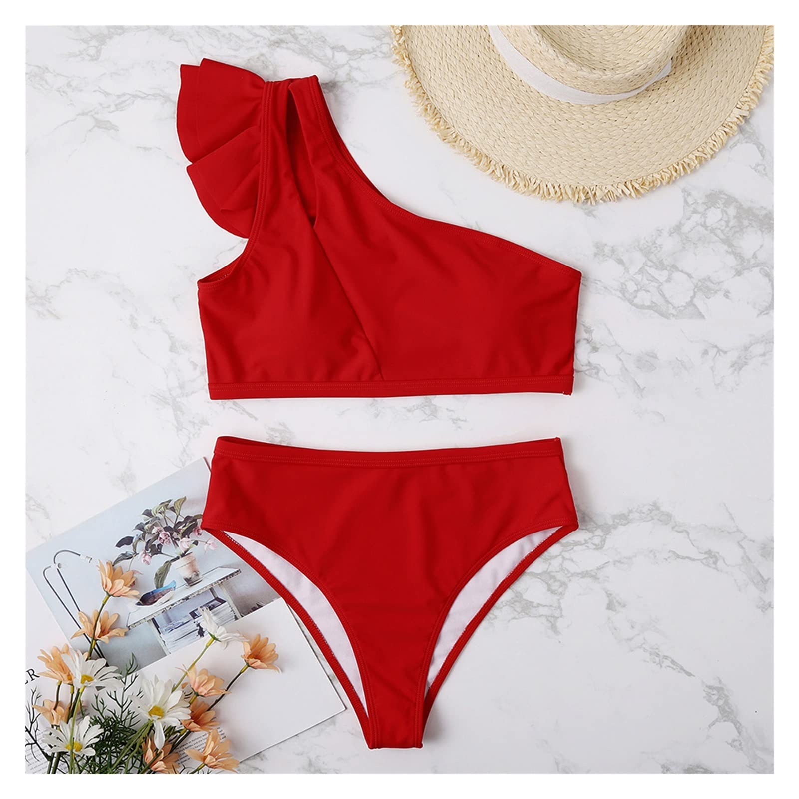 Sexy Red One Shoulder Bikini Set for Women - Cut Out Swimwear Bathing Suits | Perfect for Beach Vacations, Pool Parties & Summer Getaways (Color: A, Size: M)