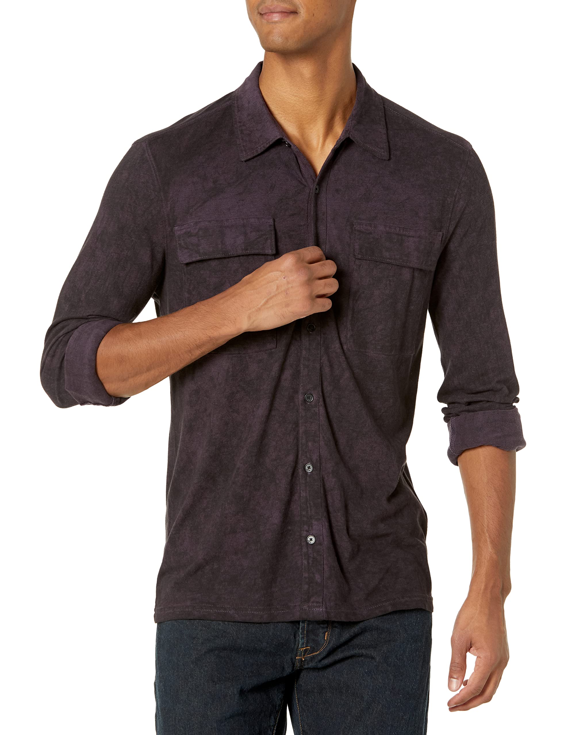 John Varvatos Star USA Men's Fenway Long Sleeve Shirt with Chest Pockets - Carbon Wash Denim Casual Button Down for Work & Weekend Wear