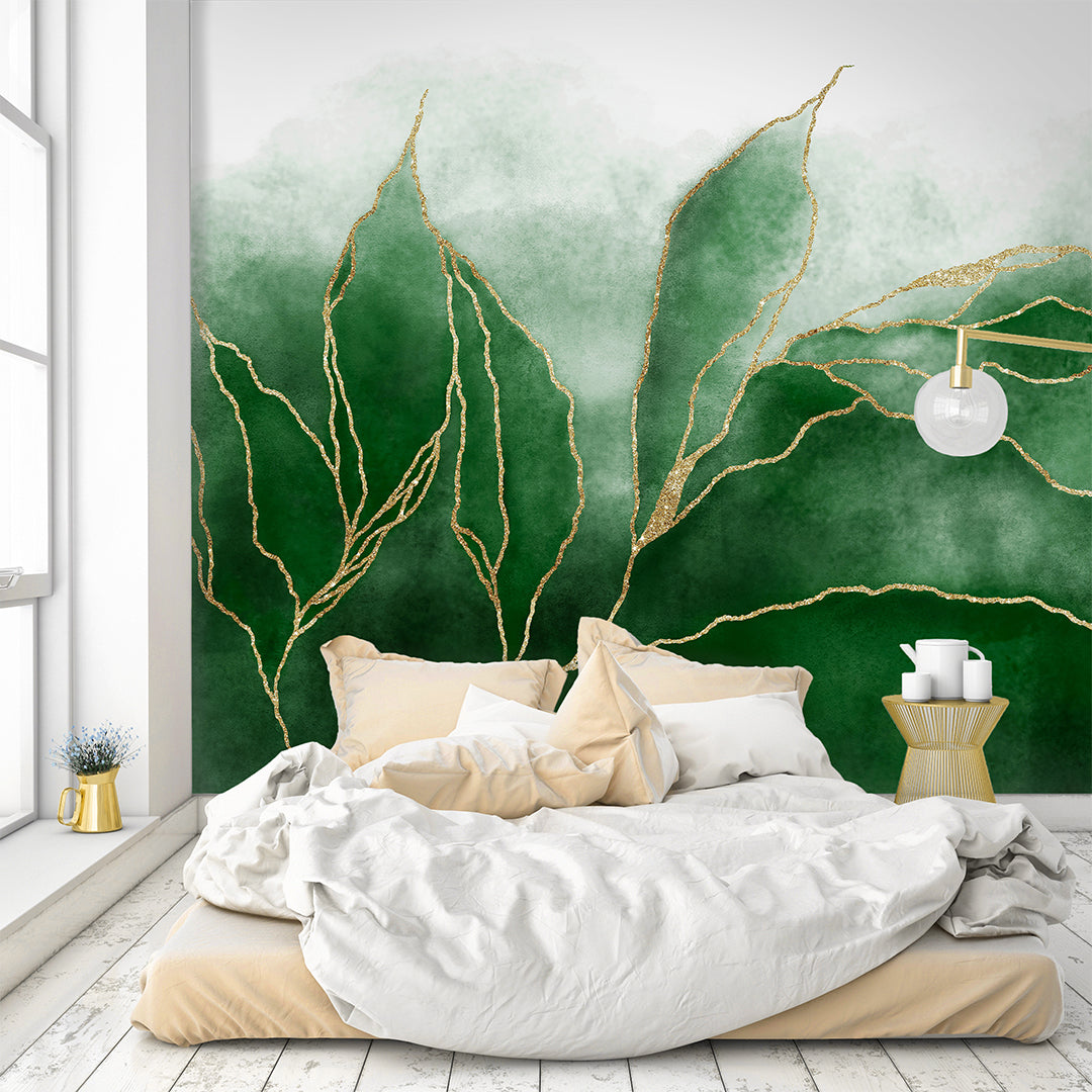 Green Gold Leaves Wall Mural CCM014 - Nature-Inspired Peel and Stick Wallpaper for Living Room, Bedroom & Office Decor