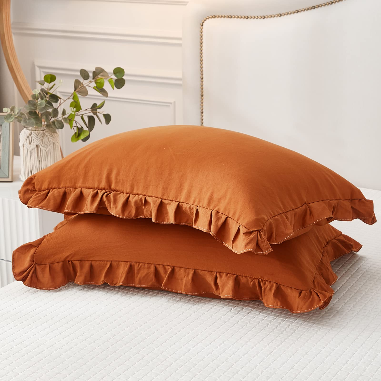 Burnt Orange King Size Pillowcases Set of 2 - 20x36 Inch Caramel Pumpkin Ruffled Shabby Chic Pillow Shams for Bedroom Decor | Perfect for Fall, Thanksgiving & Cozy Home Styling