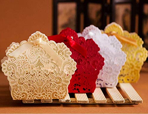 Ponatia 50-Piece Laser Cut Wedding Favor Boxes with Ribbon - Elegant Red Gift Boxes for Chocolates, Candies & Party Favors - Perfect for Weddings, Bridal Showers & Special Events