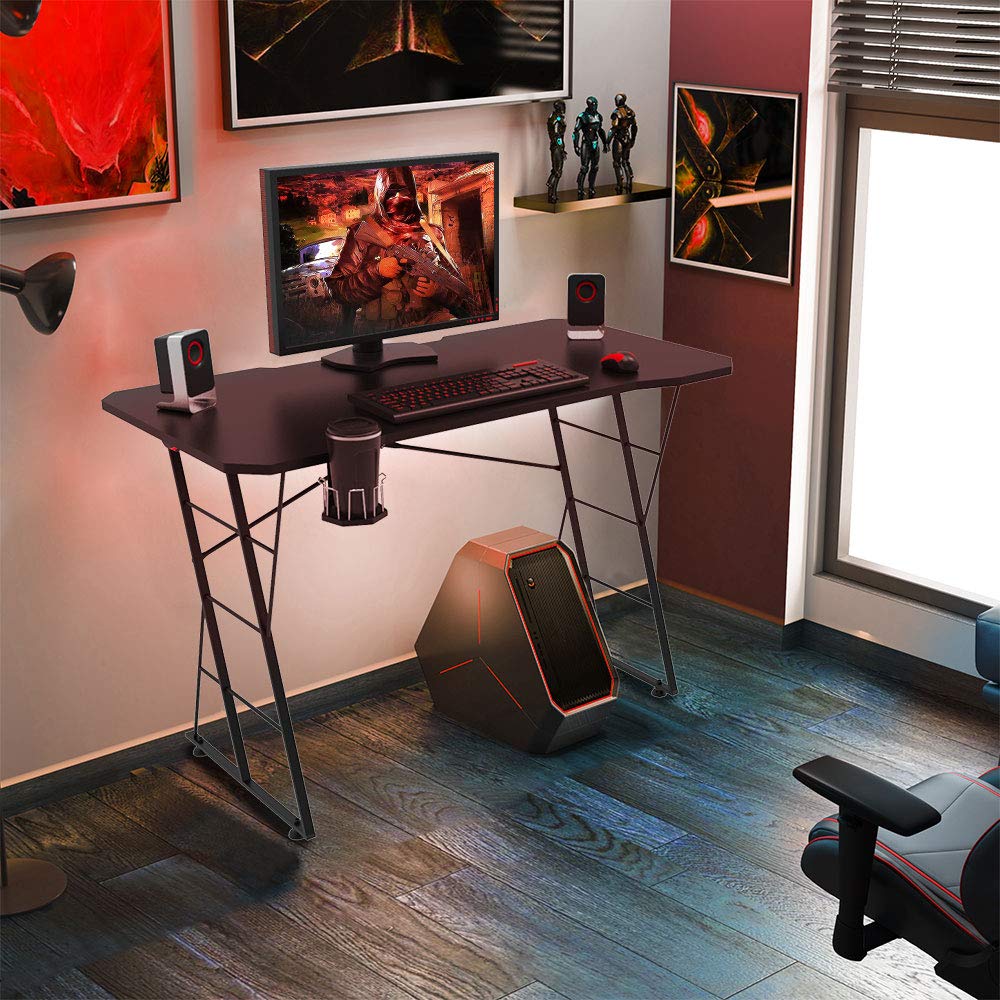HomVent 47-inch LED Gaming Desk - Z-Shaped Ergonomic Computer Desk with Cup Holder, Headphone Hook, Monitor Riser & Cable Management for PC Gamers - Perfect for Streaming, Esports & Home Office Setup (47.24