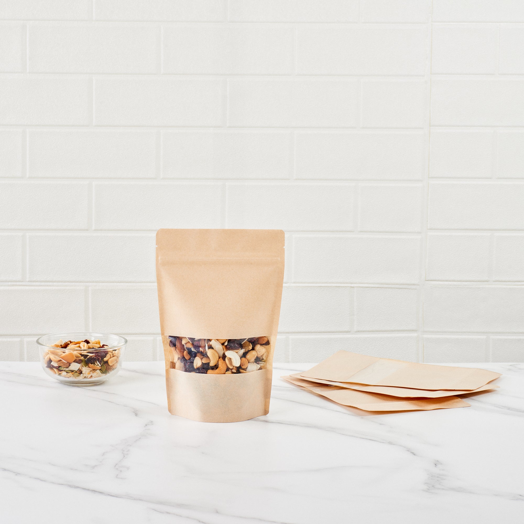 Kraft Plastic Large Window Bags with Heat Sealable Feature - 9 x 6 x 1.5 Inches - Pack of 100 - Perfect for Bakery, Coffee Beans & Retail Packaging