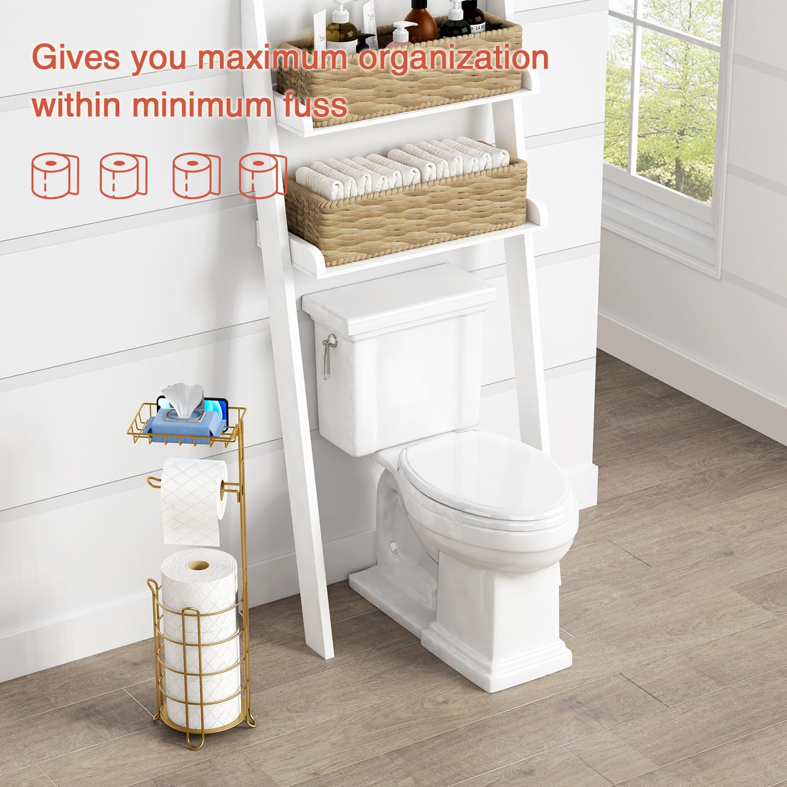 Gold Freestanding Toilet Paper Holder Stand with Phone Shelf & Wipes Tray - Heavy Duty Metal Floor Bathroom Tissue Organizer for Large Mega Rolls - Perfect for Home, Office & Guest Bathrooms
