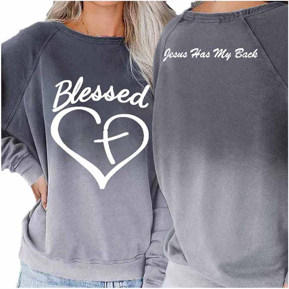 SameeFloral Blessed Cross Heart Gradient Sweatshirt - Jesus Has My Back Christian Women's Hoodie for Church, Bible Study & Everyday Faith Wear