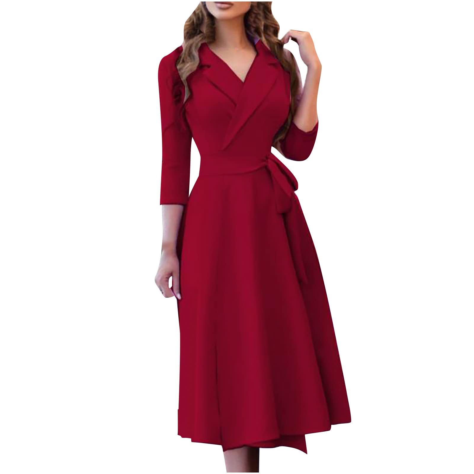 bmkBWO Women's Long Sleeve Notched Lapel Elegant Midi Dress - V Neck Tie Waist Flowy Wedding Guest Dress for Parties, Cocktails & Special Occasions
