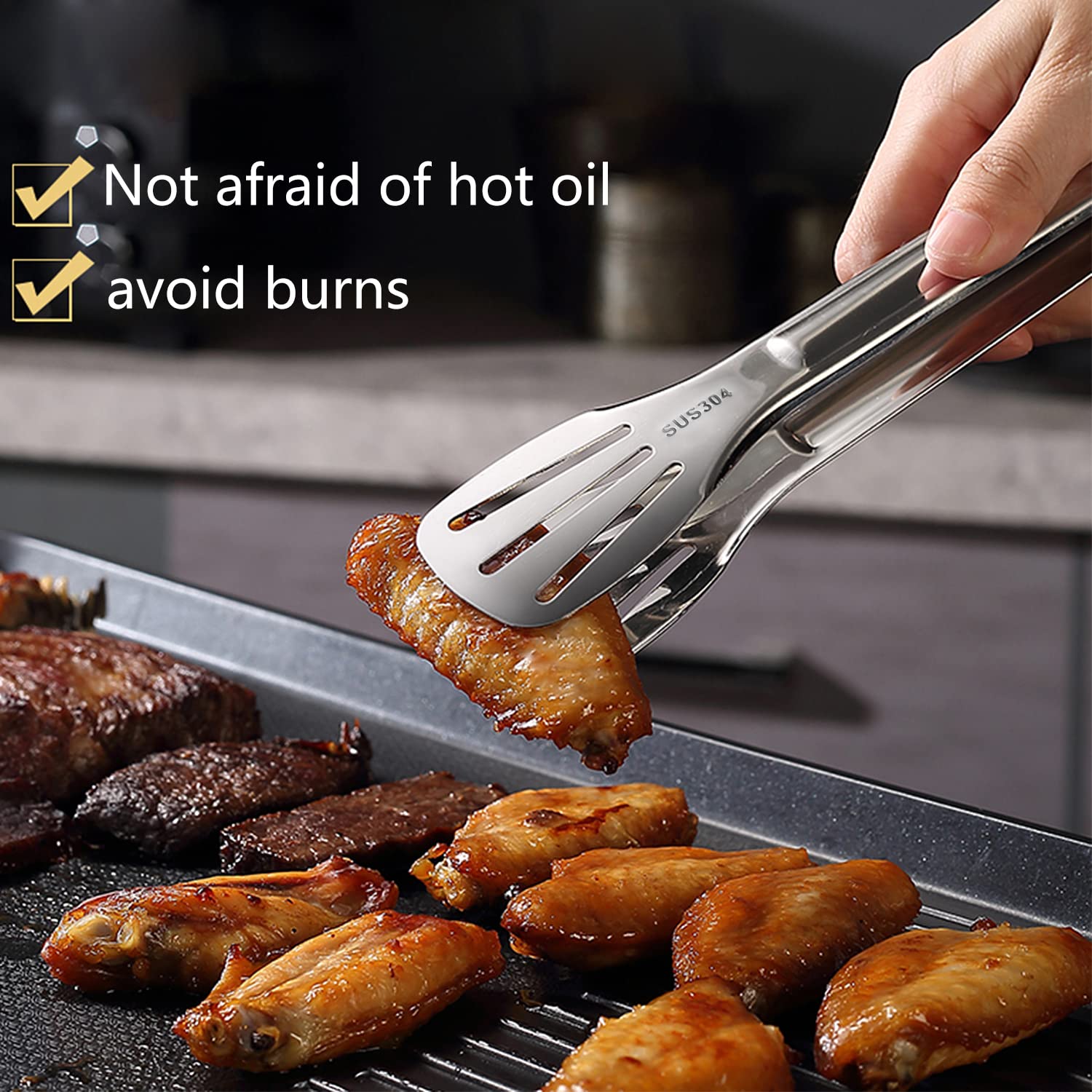 **2-Pack Stainless Steel 304 Kitchen Tongs - Heavy Duty BBQ, Buffet & Cooking Tongs for Grilling, Air Fryer, Toaster & Serving - Silver**    *(Perfect for BBQ Parties, Buffet Serving, Air Frying, Toasting & Everyday Kitchen Use)*