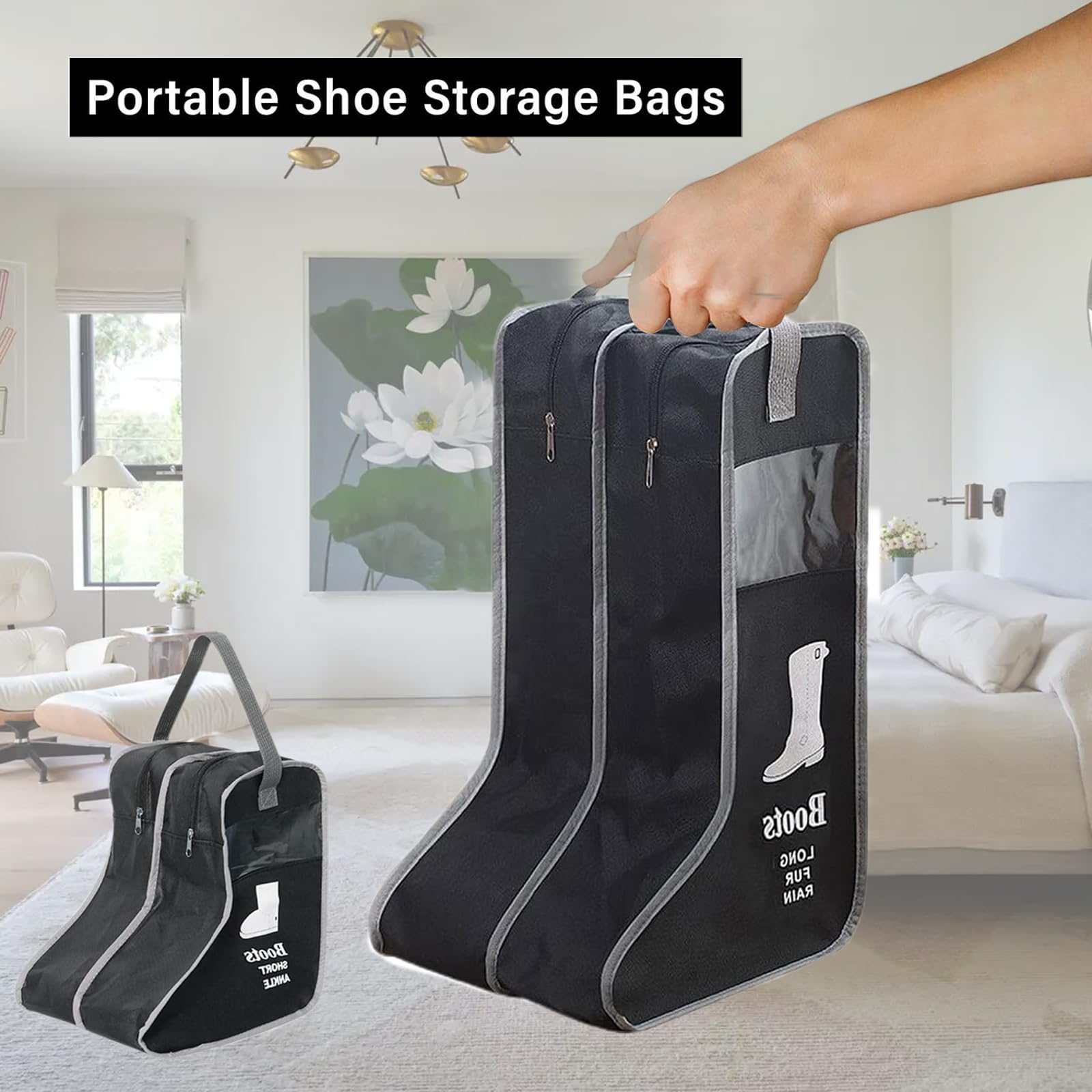 2 Pack Portable Boot Storage Bags for Tall & Short Boots - Dustproof Shoe Organizer for Travel, Packing & Closet Storage - Black Boot Carry Bags (Perfect for Travel, Home Organization & Boot Protection)