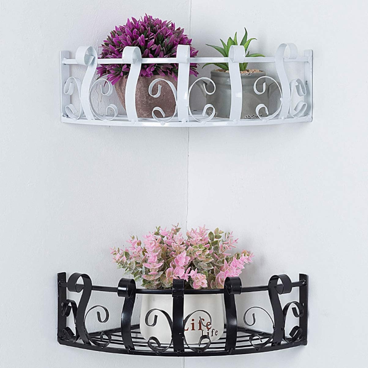 Metal Flower Pot Holder Wall Mounted - Corner Shelves & Railing Planter Bracket - Fence Planter Hanger Basket for Garden, Balcony, Porch - White - Perfect for Outdoor Decor & Small Space Gardening