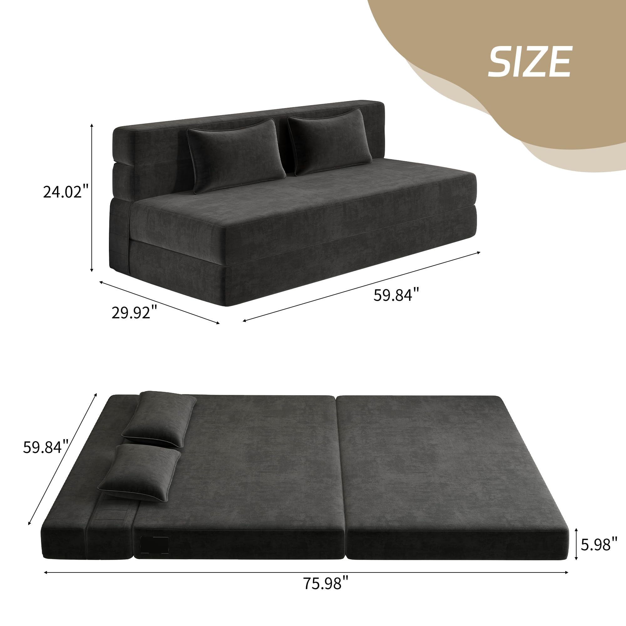 Luoxiao Queen Size Folding Sofa Bed Convertible Sleeper Chair with Pillows - Foldable Futon Floor Sofa for Living Room, Dorm, Guest Room - Washable Dark Grey Cover - Perfect for Small Spaces, Lounging & Overnight Guests
