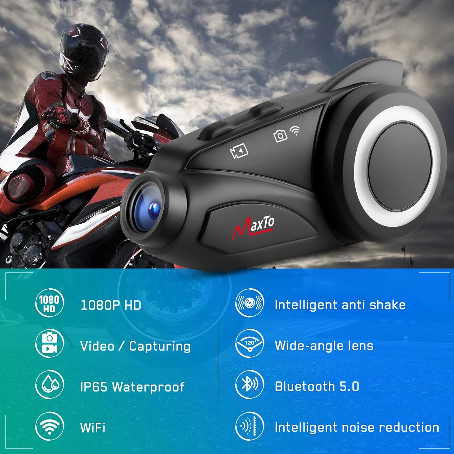 MAXTO M3 Motorcycle Bluetooth Intercom Headset with Camera - 6 Rider 1000M Communication System, Wireless Interphone for Motorbike Helmets (Siri/Google Assistant, Waterproof, FM Radio, Supports 128G TF Card) - Perfect for Group Rides, Touring & Adventure Motorcycling