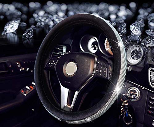 Diamond Leather Steering Wheel Cover with Bling Crystal Rhinestones - Universal 15 Inch Car Wheel Protector for Women & Girls (AB Drill) - Luxury Car Accessory for Driving Comfort & Style