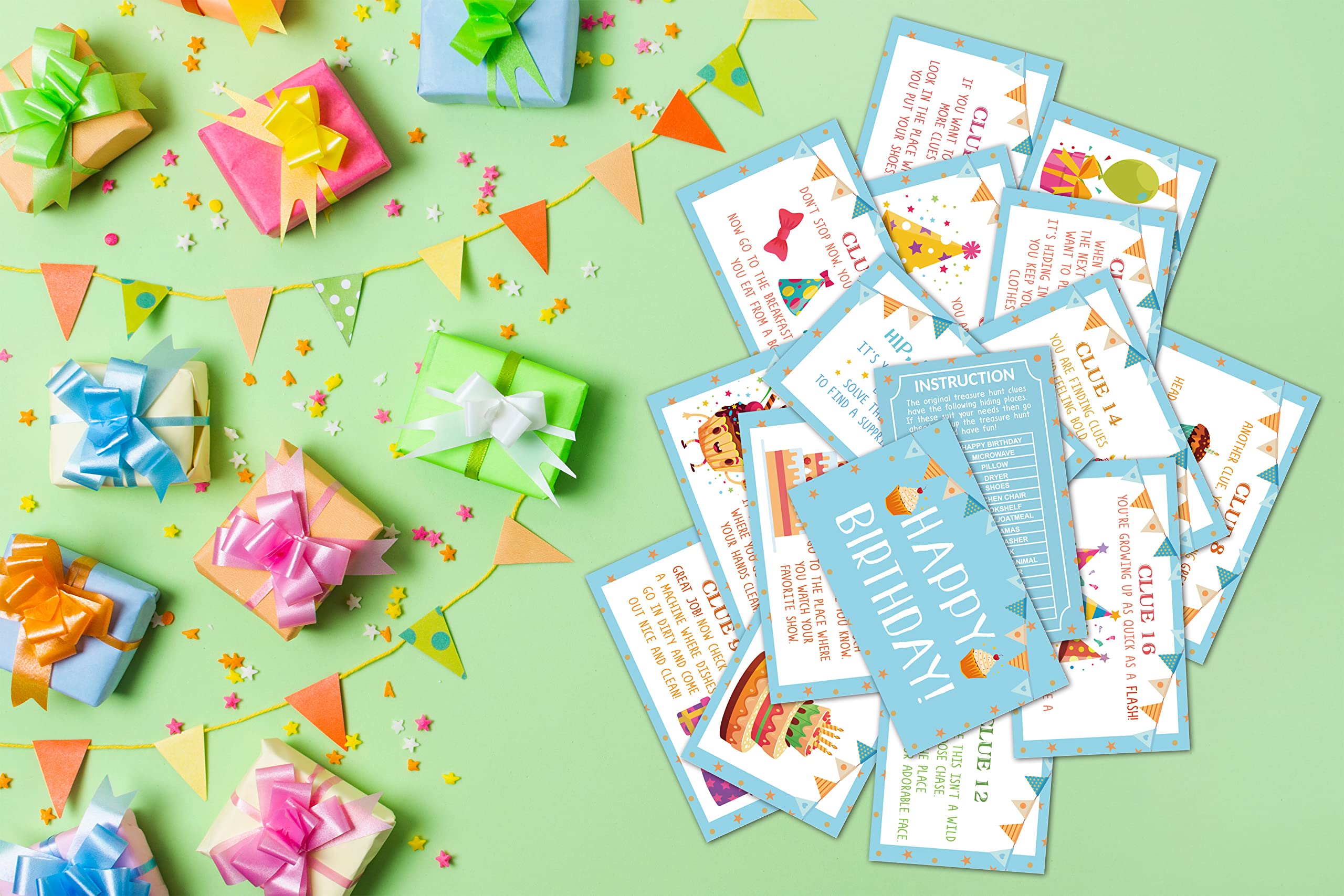 Birthday Treasure Hunt Clues Game Cards - 18 Colorful Scavenger Hunt Cards with Envelopes for Indoor Party Games, Kids Birthday Activities & Family Fun (A01) | Perfect for Birthday Parties, Team Building & Family Game Nights