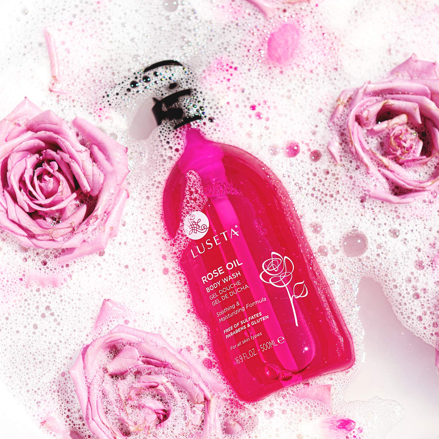 Luseta Rose Oil Body Wash for Dry Skin - 33.8oz Hydrating Shower Gel with Nourishing Essential Oils | Sulfate & Paraben Free | Moisturizing Body Wash for Women & Men | Perfect for Daily Shower Routine & Spa-Like Relaxation at Home