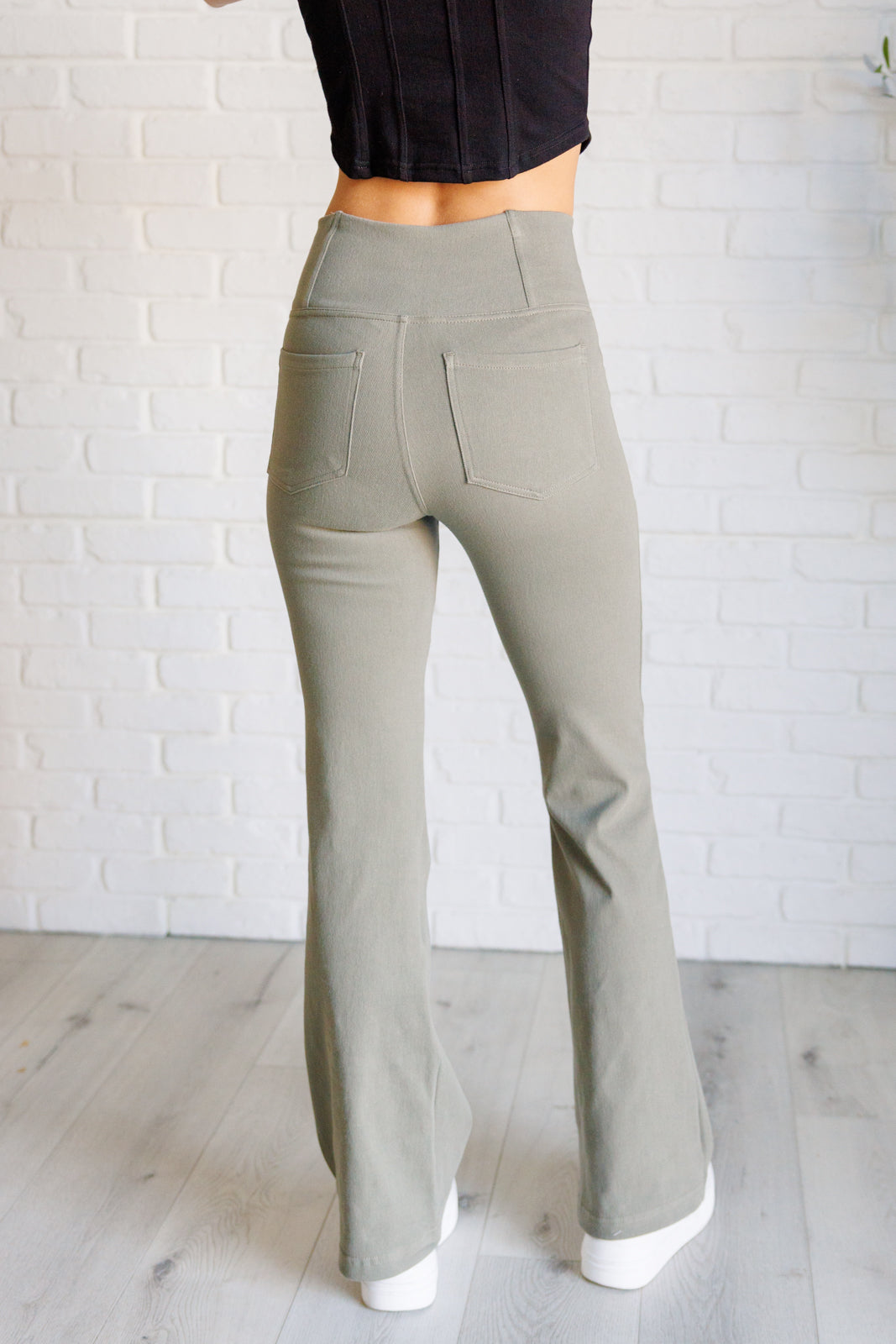 Stylish Dusty Olive Twill Flared Crossover Waist Pants for Women - Perfect for Office Wear, Casual Outings & Travel