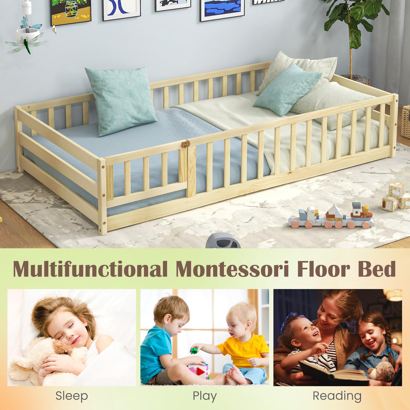 **Giantex Twin Floor Bed with Door & Safety Fence - Wooden Montessori Kids Bed Frame for Boys & Girls, No Box Spring Needed, Natural Finish - Perfect for Montessori Rooms, Toddler Bedrooms & Play Areas**