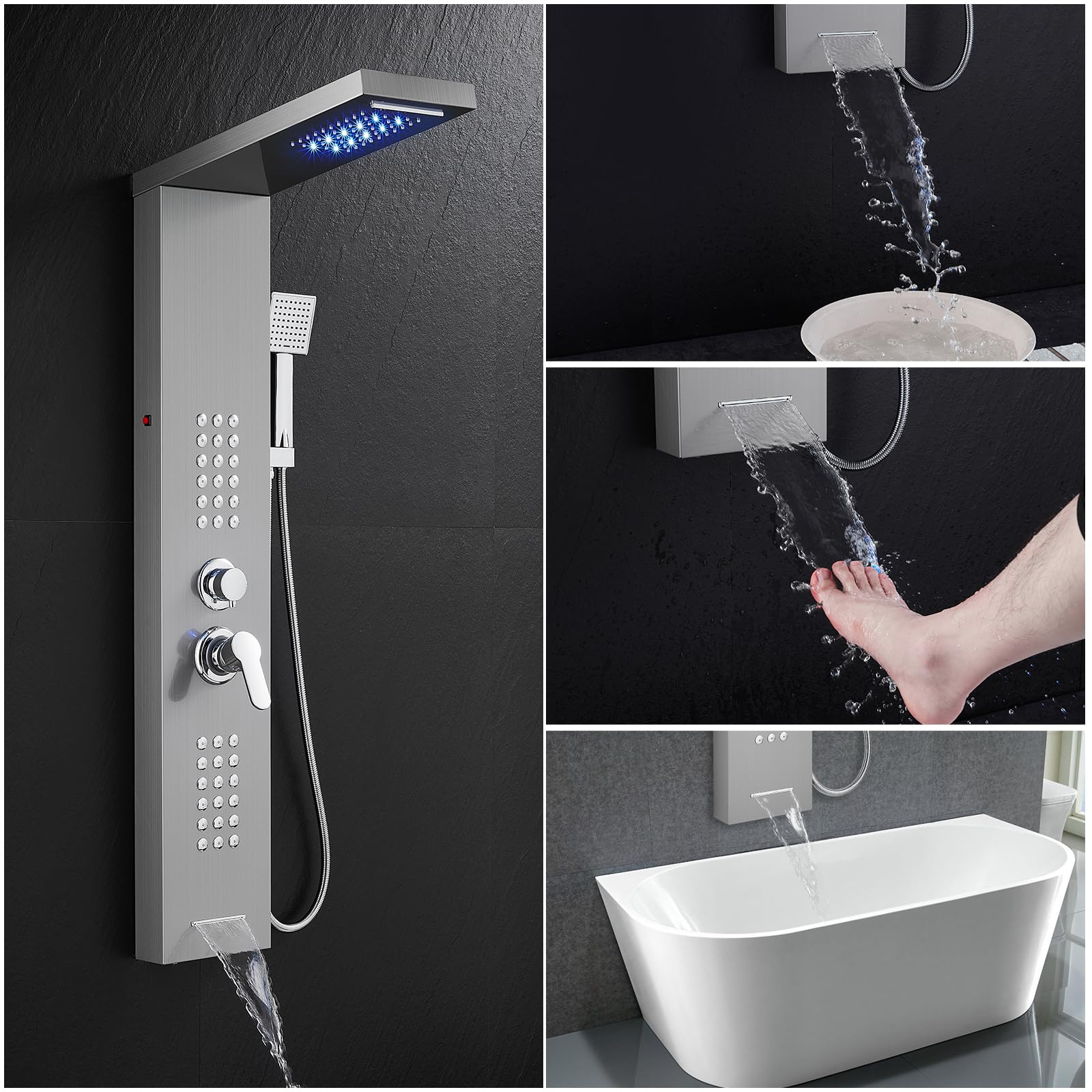 ROVATE 5-in-1 LED Shower Panel Tower System - Brushed Stainless Steel Rainfall Shower with Waterfall, Massage Jets & Handheld Sprayer - High Pressure Shower Column with Tub Spout for Luxurious Bathroom Upgrade (Perfect for Master Bath, Spa-Like Experience)