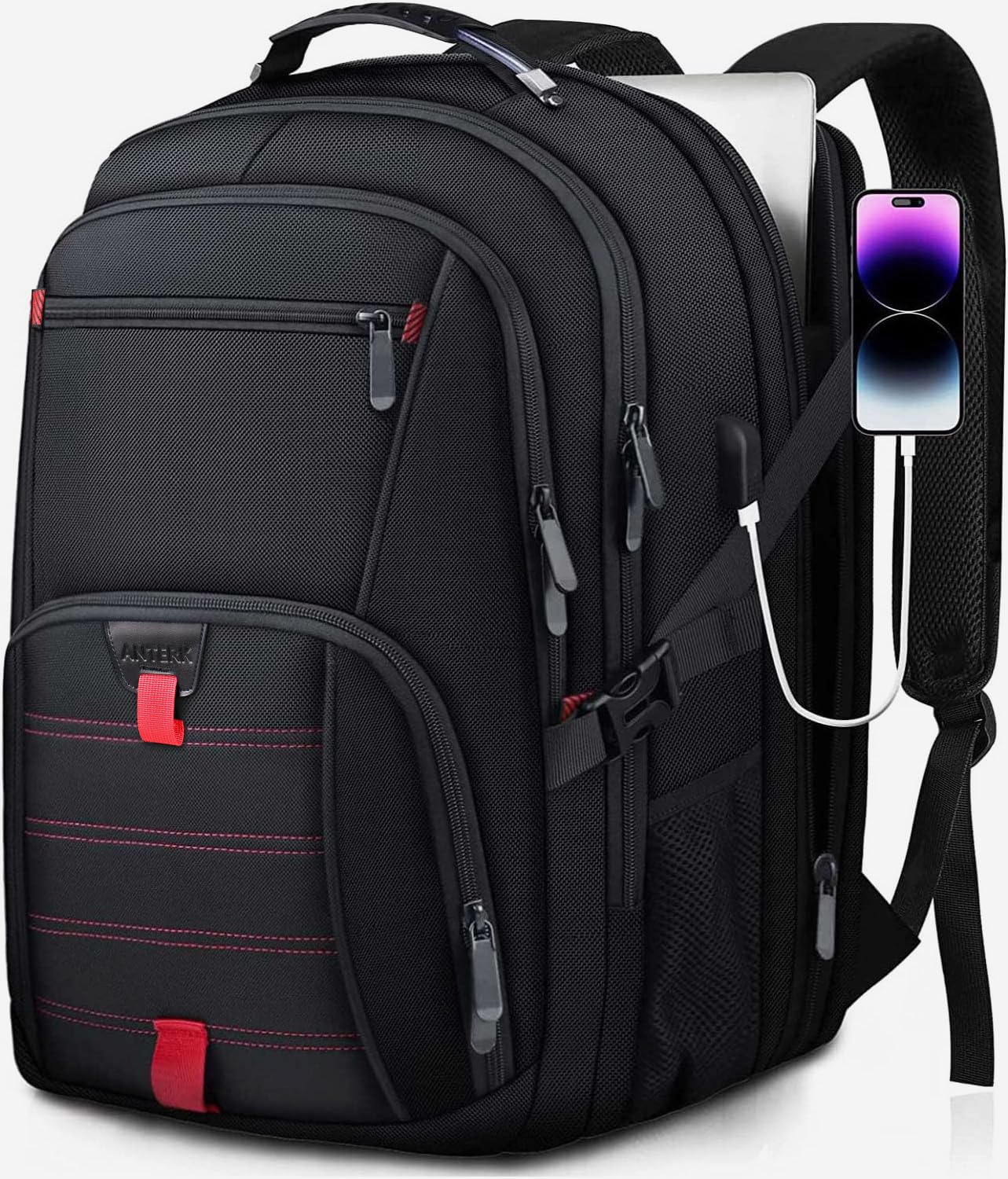 Extra Large 18.4 Inch Travel Laptop Backpack for Men & Women - 55L Anti-Theft Water Resistant USB Charging Port - TSA Approved Airline Business Computer Backpack - Perfect for College, Work & Travel (Black)