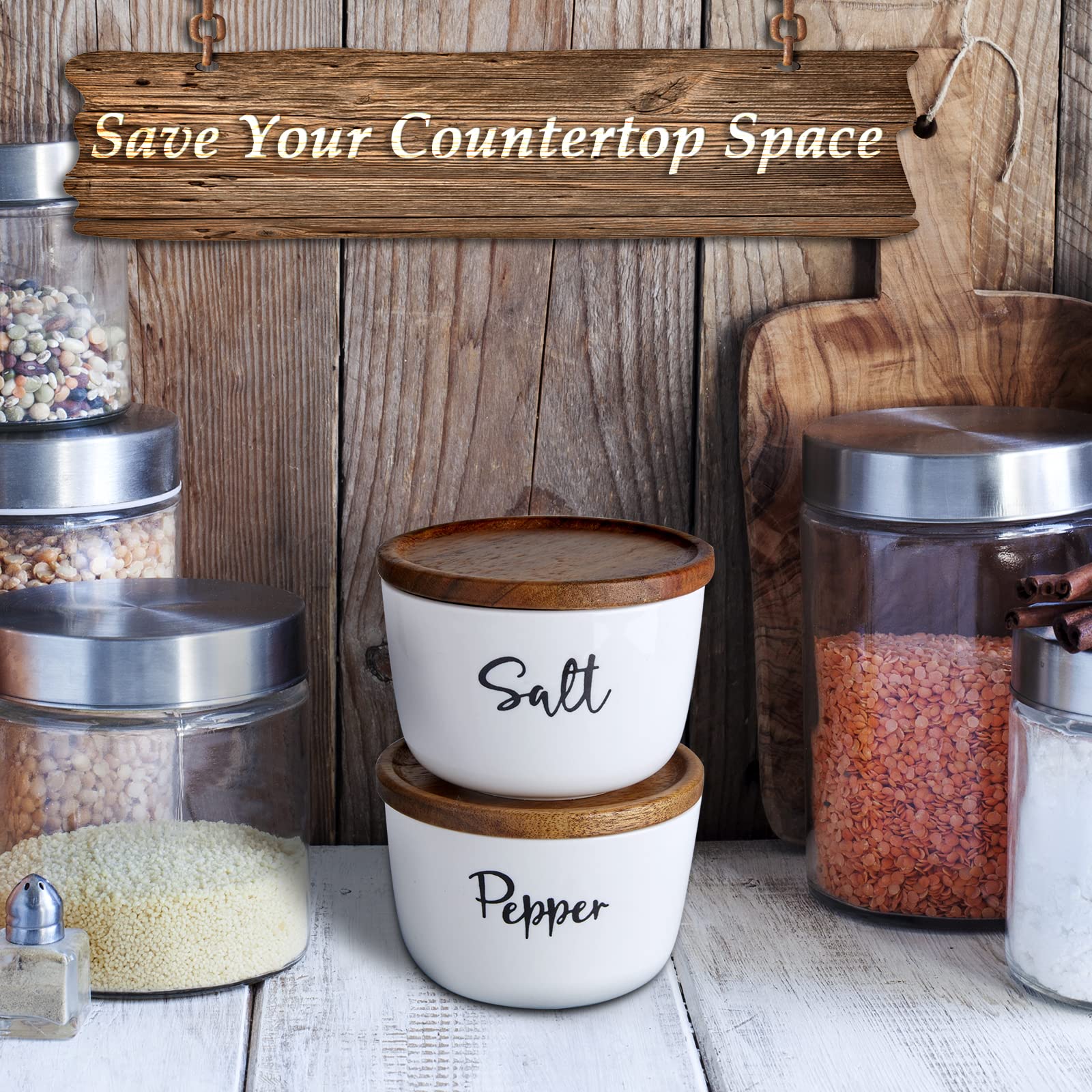 Premium 10 oz Ceramic Salt and Pepper Bowls with Acacia Wood Lid - Stackable Countertop Salt Cellar Set of 2, White - Perfect for Modern Kitchens, Dining Tables & Spice Organization