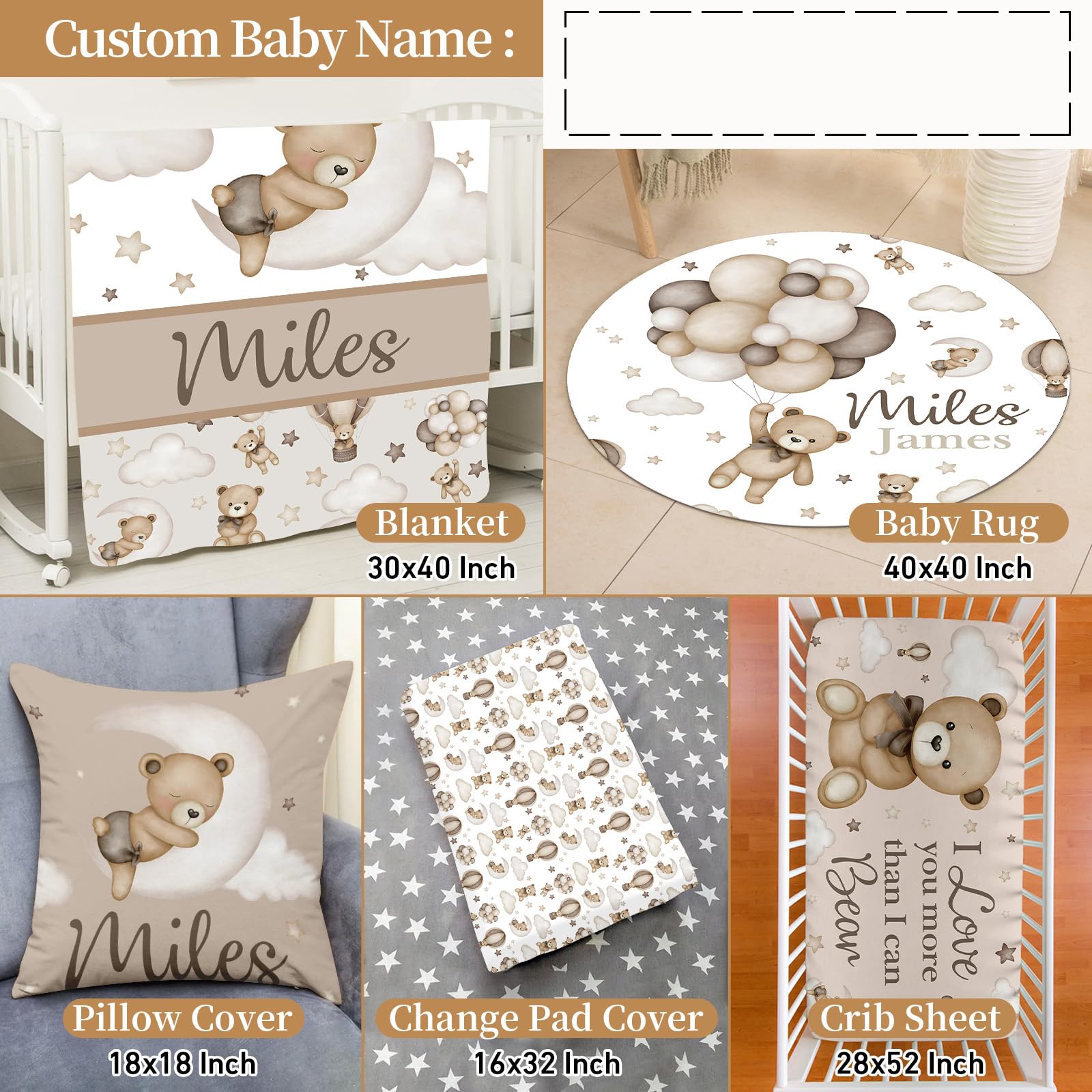 Personalized Balloon Bear 5-Piece Crib Bedding Set - Custom Name Baby Bedding for Boys & Girls, Soft White Nursery Sheets, Perfect Newborn Gift for Baby Showers & Nursery Decor